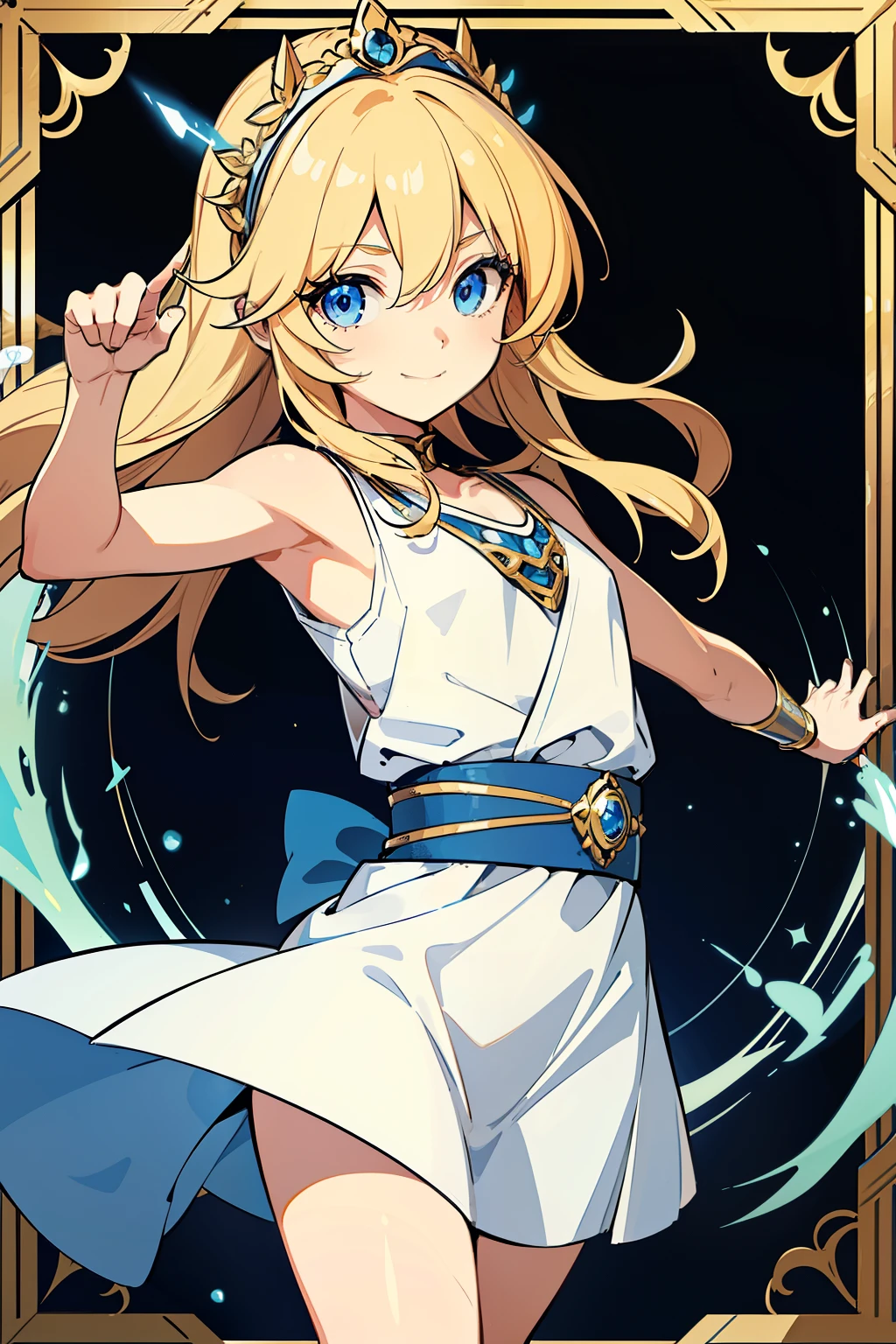 (high-quality, breathtaking),(expressive eyes, perfect face) 1girl, girl, solo, young kid, blonde hair, blue coloured eyes, stylised hair, gentle smile, medium length hair, loose hair, side bangs, curley hair, really spiky hair, spiked up hair, looking at viewer, portrait, ancient greek clothes, blue black and white tunic, white Chlamys, sleeveless, greek, blue and gold sash, music inspired background, small body, 36½ inches tall, chibi art style, Orpheus saint seiya, Eurydice