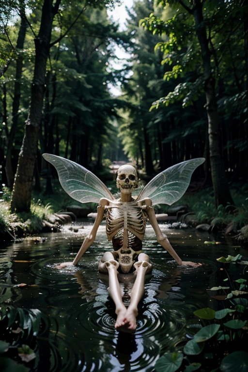 skeleton with fairy wings laying in a river in the deep dark forest surrounded by greenery and trees, glowing mushrooms and beautiful lotuses surround the body (skeleton) (skull) (fairy wings)