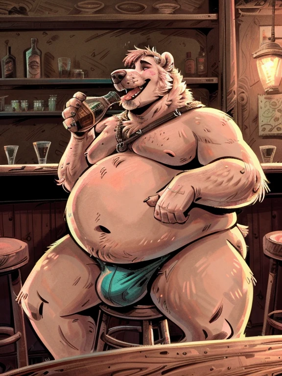 Obese, Overweight male, anthro, polar bear), facial scar, fluffy, hairy, red eyes, (by dramamine:1.4), tavern setting, drinking, drunk, happy, barstool, bar, bulge, BREAK
(detailed background), (high detail:1.2), film photography, RAW candid cinema, realistic, analog style, best quality, ultra realistic, 8k