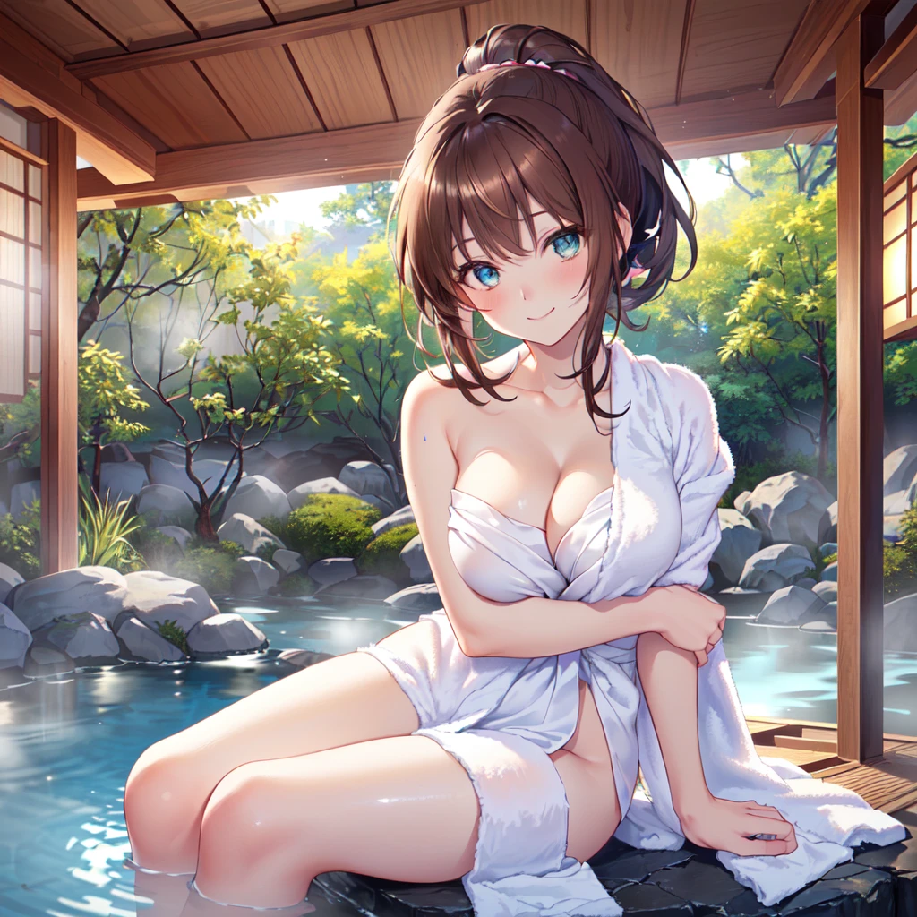 (masutepiece, extremely detailed CG Unity, 8k wallpaper:1.5), (beutiful breast, Farbe_aberration, beautiful detailed shadow, Beautiful eyes,Beautiful body, Beautiful skin, beautifull hands:1.5), Anatomically accurate limbs, (鮮やかやFarbe彩, Realistic, hyper realisitic:1.5), (Curve, Farbe気, Seductive smile:1.3), (Shiny hair, Brown hair, 茶Farbeい目:1.5), (ryokan, hot onsen:1.5), delicate patterns, intricate detailes, red blush, shinny skin,Seductive Anime Girl, beautiful alluring anime woman, Unparalleled beauty, Shiny and firm skin, (cleavage of the breast, large udder), Beautiful and nice girl, kindly smile, side poneyTail, (bath towels), A surprised pose staring at you,