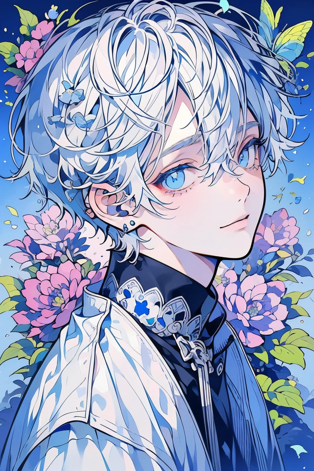 (masutepiece), (Best Quality), Highly detailed, 1 boy, Solo Focus，Perfect face, Beautiful face, extra detailed face，(white  hair:1.3)，(blue eyess:1.3)，florals，butterflys々，floralsびら，optic，a smile