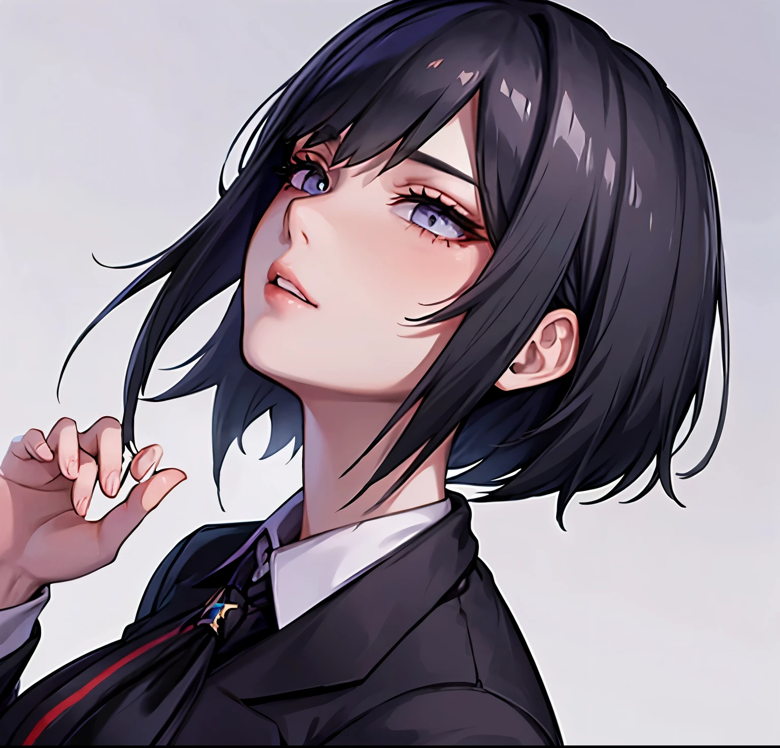 Upper body and head, looking up, attention to the woman, perfect woman, solo woman, 24 years old, short hair, parted bangs, lightly twisting the hair next to the ear, hairpin, black hair, beautiful face, crazy, perfect hands, lavender eyes, uniform, white shirt, black blazer, detailed lighting, school, details, extremely detailed, 8K quality, master piece,