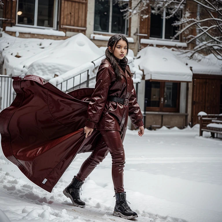 An unusual girl walks in the snow