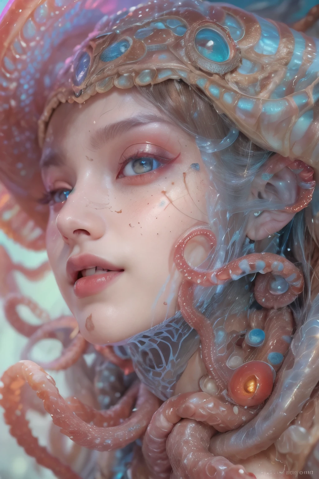Portrait, (1 beautiful female alien:1.2),  (There is a female genital-like organ in the middle of the forehead:1.8), (The most beautiful face in the history of the universe:1.2), (Scarlet eyes that shine mysteriously:1.6), (Translucent skin:1.8), an evil gaze that seduces, (red eyes:1.5), (large mouth:1.1), sharp teeth like a shark, Full body like, (bio luminescent:1.2), (Smile wickedly:1.3),  (sexypose:1.5), alien, No humans, cells are fused, (Lots of translucent tentacles:1.1) (Translucent skin:1.3), extraterrestrial, cell, bio image, Best Quality, 8K,4K_quality, High Definition, Dramatic Lighting, masutepiece:1.5,cinematic quality, detail up, (Intricate details:1.2), High resolution, High Definition, drawing faithfully, (Thick eyebrows:1.2), Beautiful eyes with fine symmetry, (Ultra detailed eyes:1.2),(Highly detailed face and eyes:1.2), (High-resolution red-eye:1.4), Intimate face, (Super detailed skin quality feeling:1.4), Perfect Anatomy,  (Beautiful toned body:1.5),  (Moist skin:1.2), No makeup, (dark circles:1.1), long canines, cinematic drawing of characters, ultra high quality model, cinematic quality, detail up, (Intricate details:1.2), High resolution, High Definition, drawing faithfully, Official art, Unity 8K wall  , 8K Portrait, Best Quality, Very High resolution, ultra detailed artistic photography, midnight aura,  unreal enginee 5, Ultra Sharp Focus, art by alberto seveso, ArtGerm, Roisch, intricate artwork, best quality, masutepiece, ultra High resolution, (photos realistic:1.4), Ultra-realistic realism, dream-like,  nautilus, Creation of fantasy, Snail, Dream Snail,  (biopunk nautilus:1.3), Thrilling color schemes， Ultra-realistic realism， seductively smiling, Blue tentacles