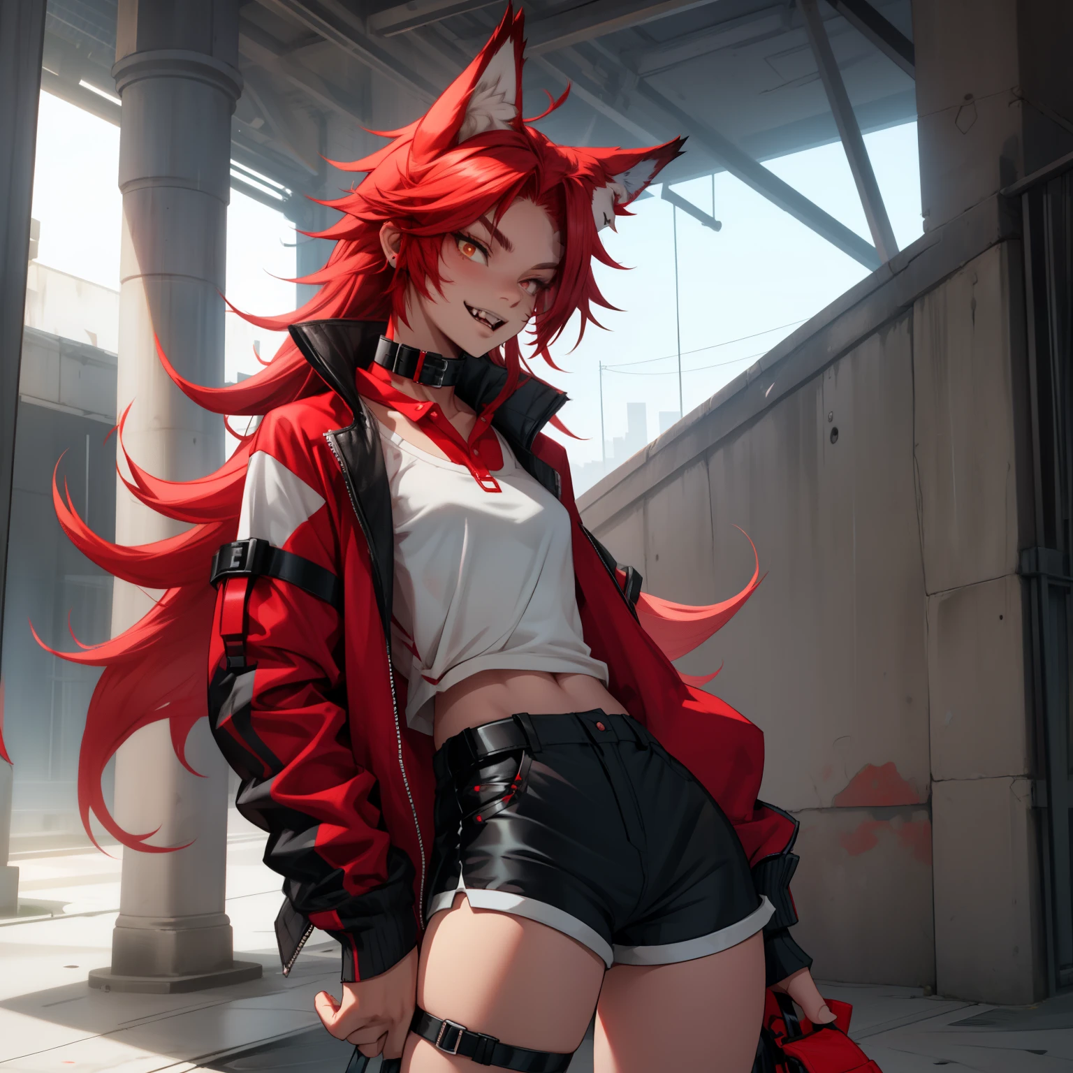 feminine looking male with red hair, wolf ears and wolf tail, wearing tight shorts, cute fangs, wearing collar, solo, alone, (SOLO)(ALONE) slim figure, slutty outfit