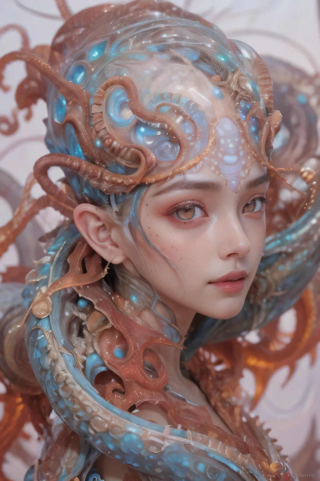 Portrait, (1 beautiful female alien:1.2), (There is a female genital-like organ in the middle of the forehead:1.8), (The most beautiful face in the history of the universe:1.2), (Scarlet eyes that shine mysteriously:1.6), (Translucent skin:1.8), an evil gaze that seduces, (red eyes:1.5), (large mouth:1.1), sharp teeth like a shark, Full body like, (bio luminescent:1.2), (Smile wickedly:1.3), (sexypose:1.5), alien, No humans, cells are fused, (Lots of translucent tentacles:1.1) (Translucent skin:1.3), extraterrestrial, cell, bio image, Best Quality, 8K,4K_quality, High Definition, Dramatic Lighting, masutepiece:1.5,cinematic quality, detail up, (Intricate details:1.2), High resolution, High Definition, drawing faithfully, (Thick eyebrows:1.2), Beautiful eyes with fine symmetry, (Ultra detailed eyes:1.2),(Highly detailed face and eyes:1.2), (High-resolution red-eye:1.4), Intimate face, (Super detailed skin quality feeling:1.4), Perfect Anatomy, (Beautiful toned body:1.5), (Moist skin:1.2), No makeup, (dark circles:1.1), long canines, cinematic drawing of characters, ultra high quality model, cinematic quality, detail up, (Intricate details:1.2), High resolution, High Definition, drawing faithfully, Official art, Unity 8K wall , 8K Portrait, Best Quality, Very High resolution, ultra detailed artistic photography, midnight aura, unreal enginee 5, Ultra Sharp Focus, art by alberto seveso, ArtGerm, Roisch, intricate artwork, best quality, masutepiece, ultra High resolution, (photos realistic:1.4), Ultra-realistic realism, dream-like, nautilus, Creation of fantasy, Snail, Dream Snail, (biopunk nautilus:1.3), Thrilling color schemes, Ultra-realistic realism, seductively smiling, Blue tentacles