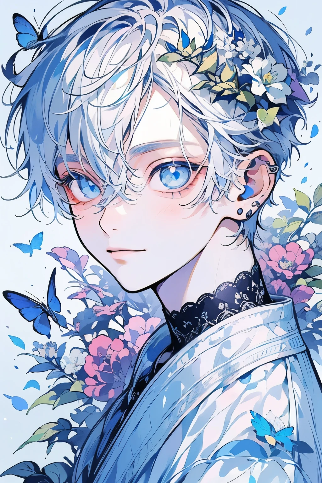 (masutepiece), (Best Quality), Highly detailed, 1 boy, Solo Focus，Perfect face, Beautiful face, extra detailed face，(white  hair:1.3)，(blue eyess:1.3)，florals，butterflys々，floralsびら，optic，a smile