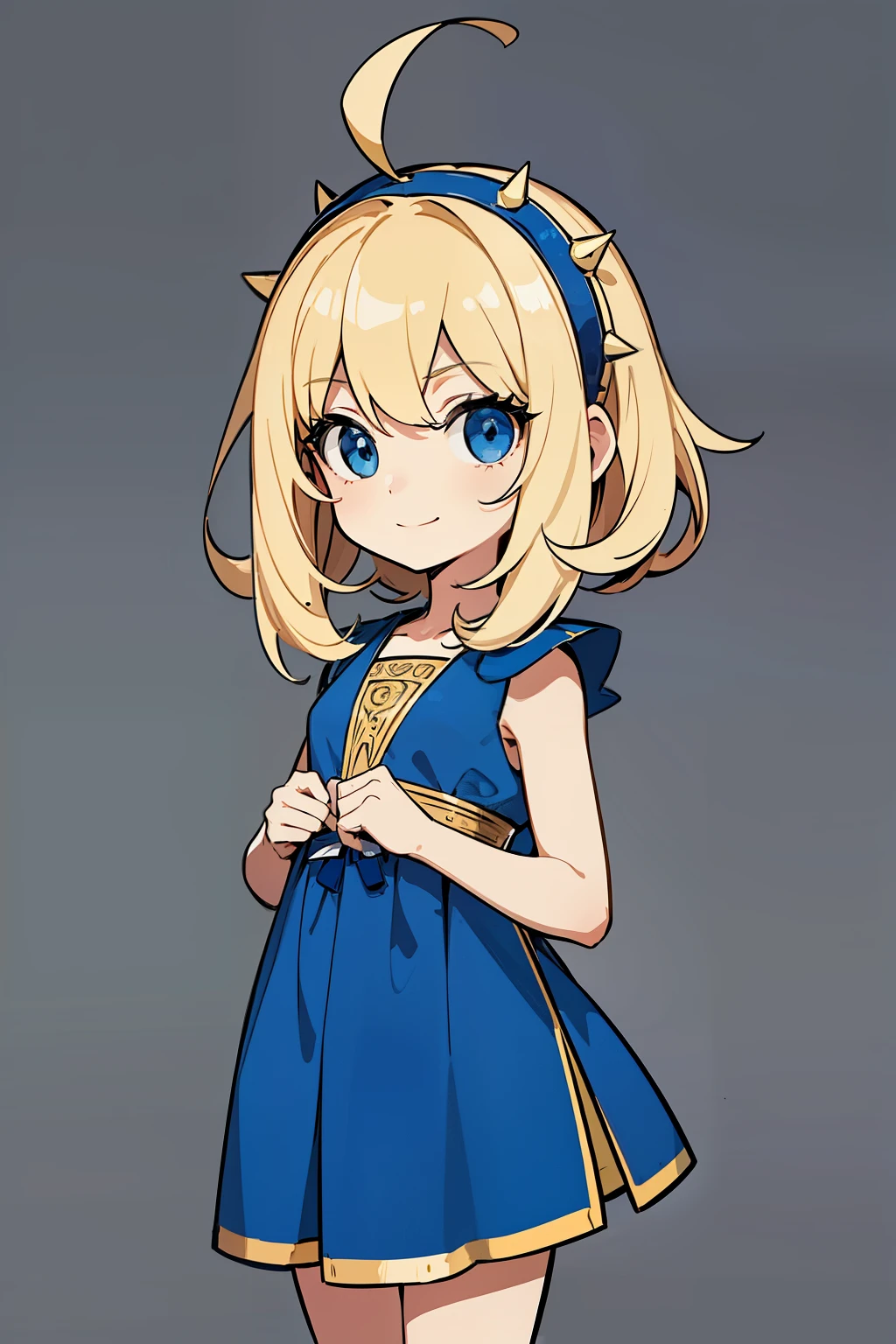 (high-quality, breathtaking),(expressive eyes, perfect face) 1girl, girl, solo, young kid, blonde hair, blue coloured eyes, stylised hair, gentle smile, medium length hair, loose hair, side bangs, curley hair, really spiky hair, spiked up hair, looking at viewer, portrait, ancient greek clothes, blue black and white tunic, white Chlamys, sleeveless, greek, blue and gold sash, music inspired background, small body, 36½ inches tall, chibi art style, related to Orpheus