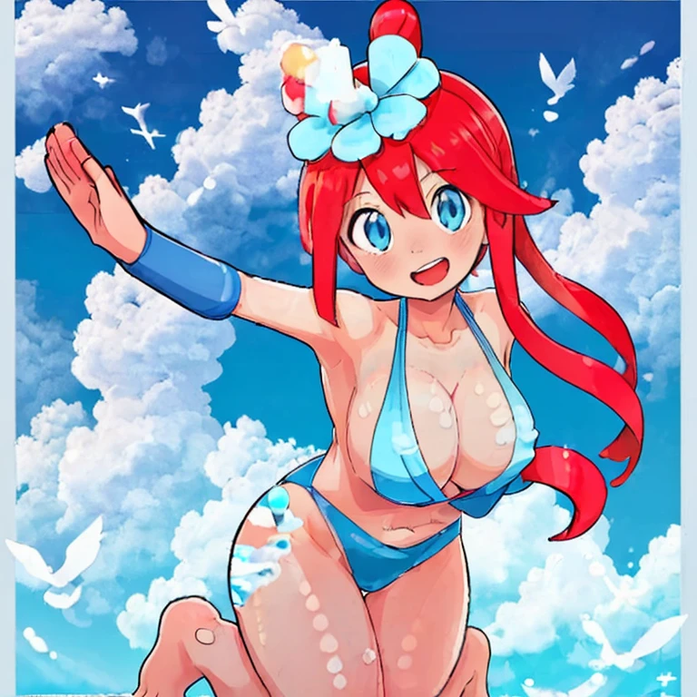 Fuuro,woman with red hair,Wear a swimsuit,Light blue competitive swimsuit（Blue Line）,Futomo,Mare,sand beach,raise your hand and invite,white birds around,Mare水浴場,a smile、夏天、white clouds、horizon、