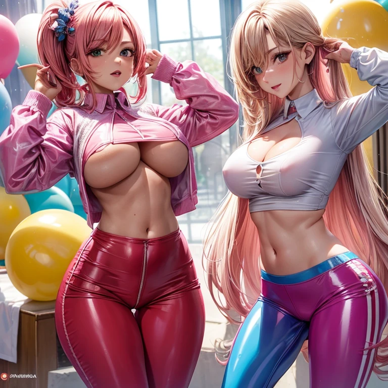 Chica, camarera, pink latex pants (apretado), parada de espalda, mostrando la cola, camisa blanca (mojada) blanco, senos de globos, trasero muy grande, ball glutes, rubia, labios rojos carnosos