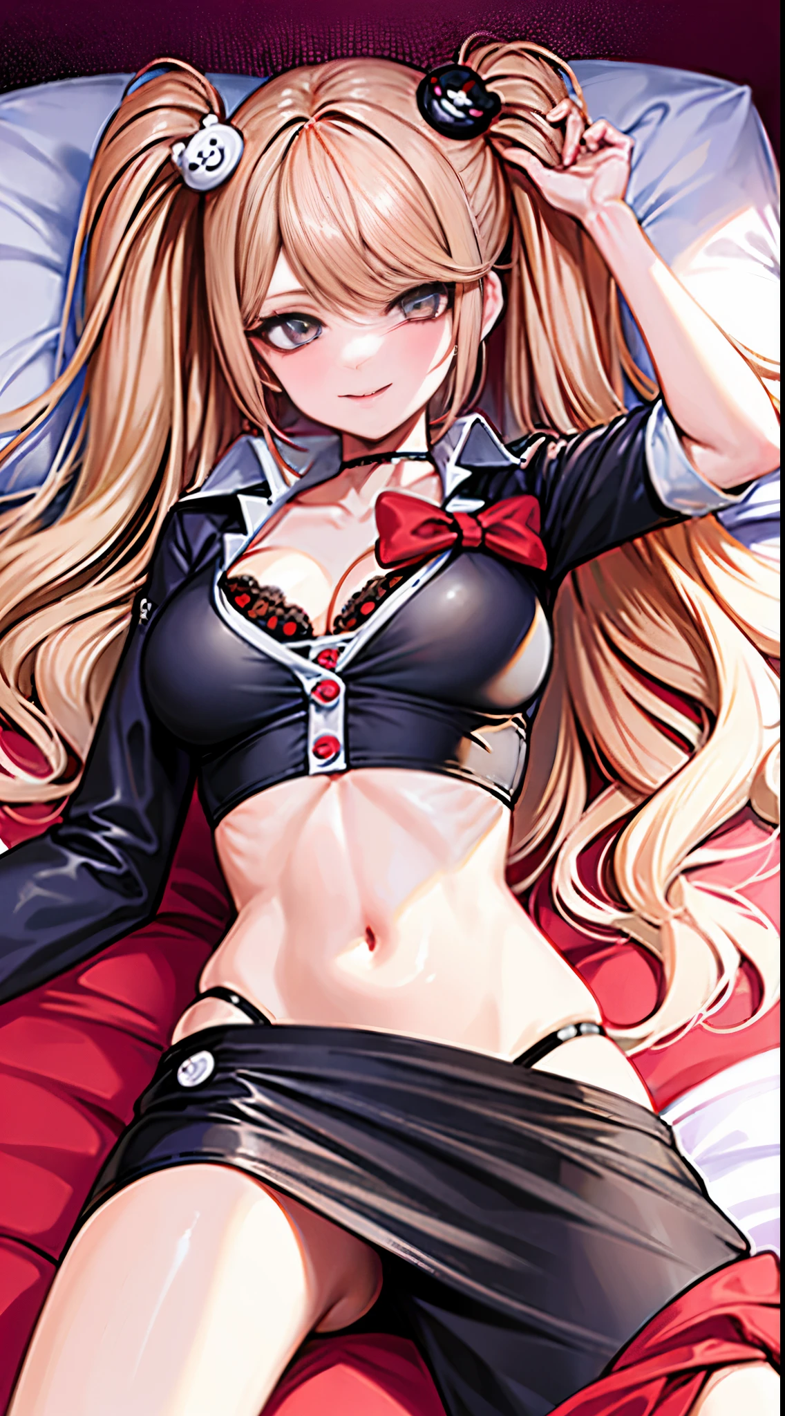 Junko Enoshima, Una rubia de pelo largo, 1girll, Colas dobles, solo, Pechos de nedium, eOjos azules,, 鎖骨,gran escote breasty bange rojo en la cara, sonrisa pervertida, Mirando a Viewert, La parte superior del cuerpo, Adorno de pelo de oso, toenail polish, Clavos rojos, red bow, Ropa interior, collar de gargantilla, Black bra,Acostado en la cama,Postural seduction,se ve sexy,Con astringencia,Tiro de cuerpo completo,Dairy liquid,tema astringente