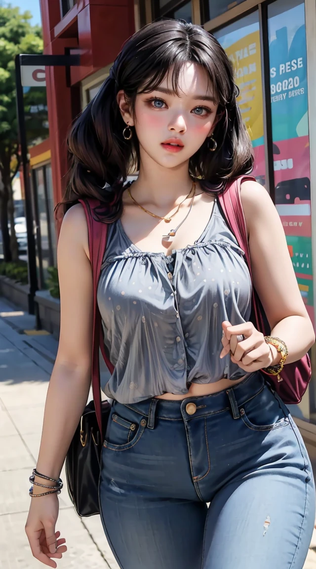 (masterpiece, best quality), perfect slim fit body, thick thighs, nice breasts, braided twintails, printed sleeveless cropped blouse, jeans, necklace, bracelets, backpack, big gorgeous eyes, parted lips, blush, walking pose, college compound, natural lighting