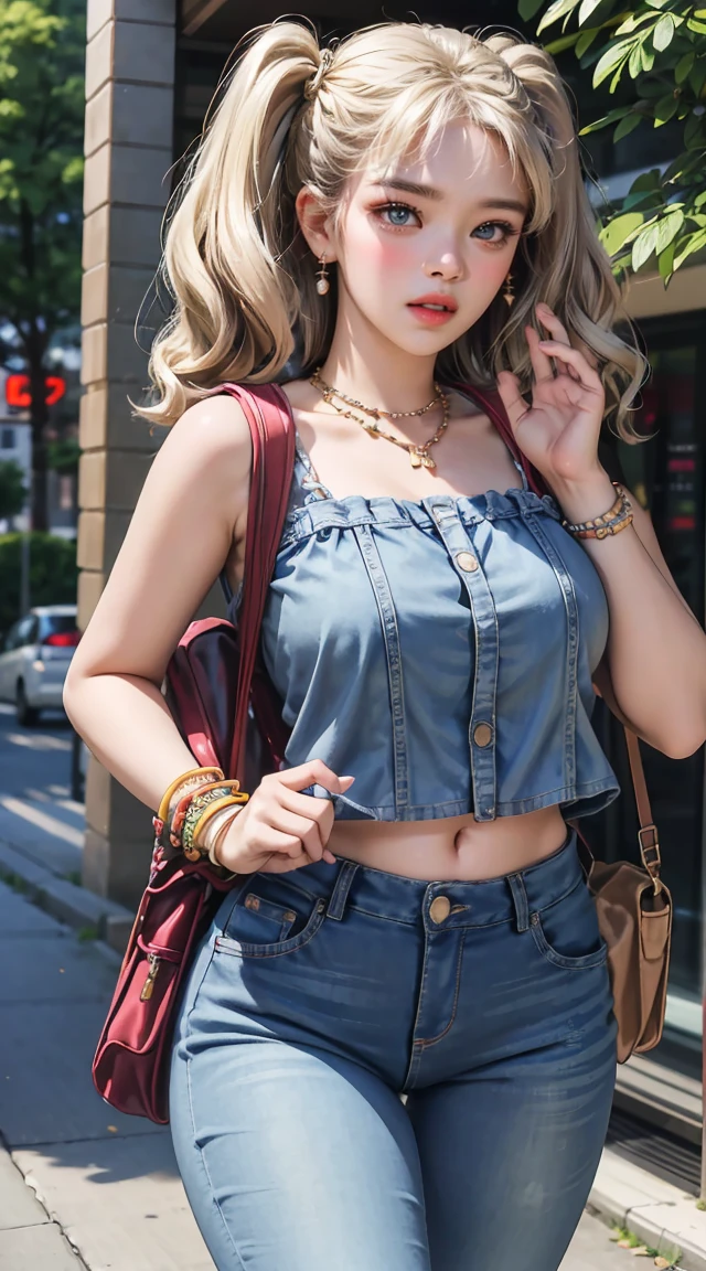 (masterpiece, best quality), perfect slim fit body, thick thighs, nice breasts, braided twintails, printed sleeveless cropped blouse, jeans, necklace, bracelets, backpack, big gorgeous eyes, parted lips, blush, walking pose, college compound, natural lighting