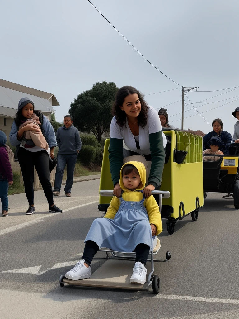 there is a woman and a child in a rolling cart on the street. The woman is pushing the child.