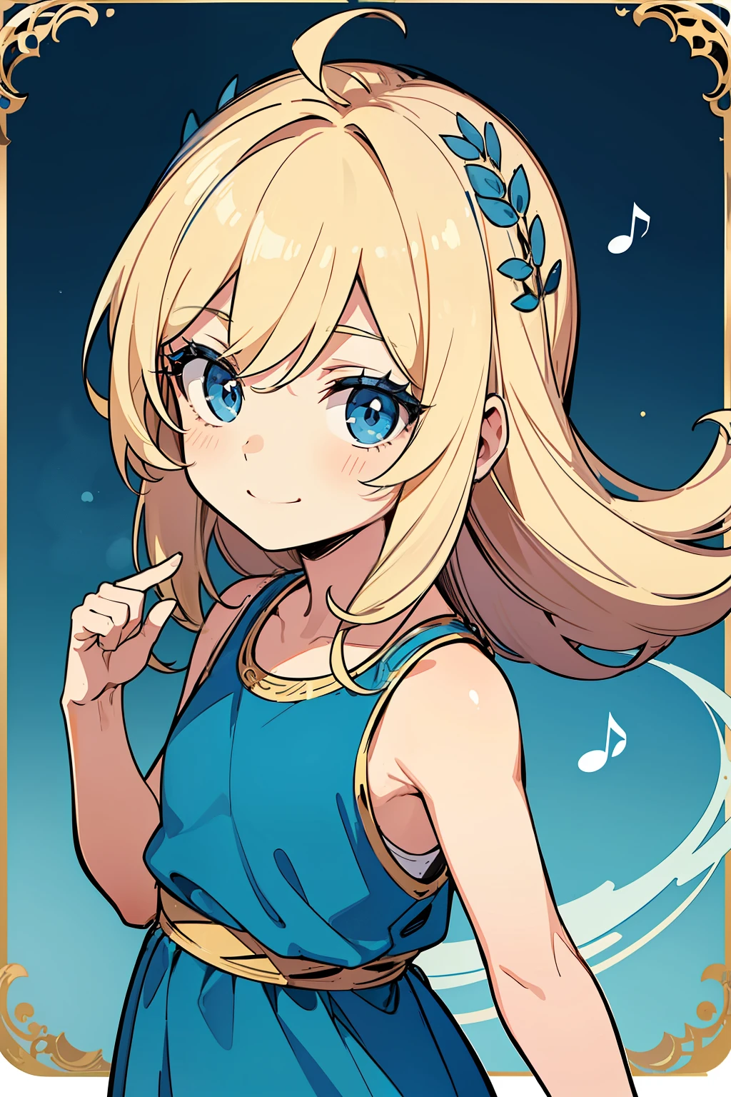 (high-quality, breathtaking),(expressive eyes, perfect face) 1girl, girl, solo, young kid, blonde hair, blue coloured eyes, stylised hair, gentle smile, medium length hair, loose hair, side bangs, curley hair, really spiky hair, spiked up hair, looking at viewer, portrait, ancient greek clothes, blue black and white tunic, white Chlamys, sleeveless, greek, blue and gold sash, music inspired background, small body, 36½ inches tall, chibi art style, related to Orpheus