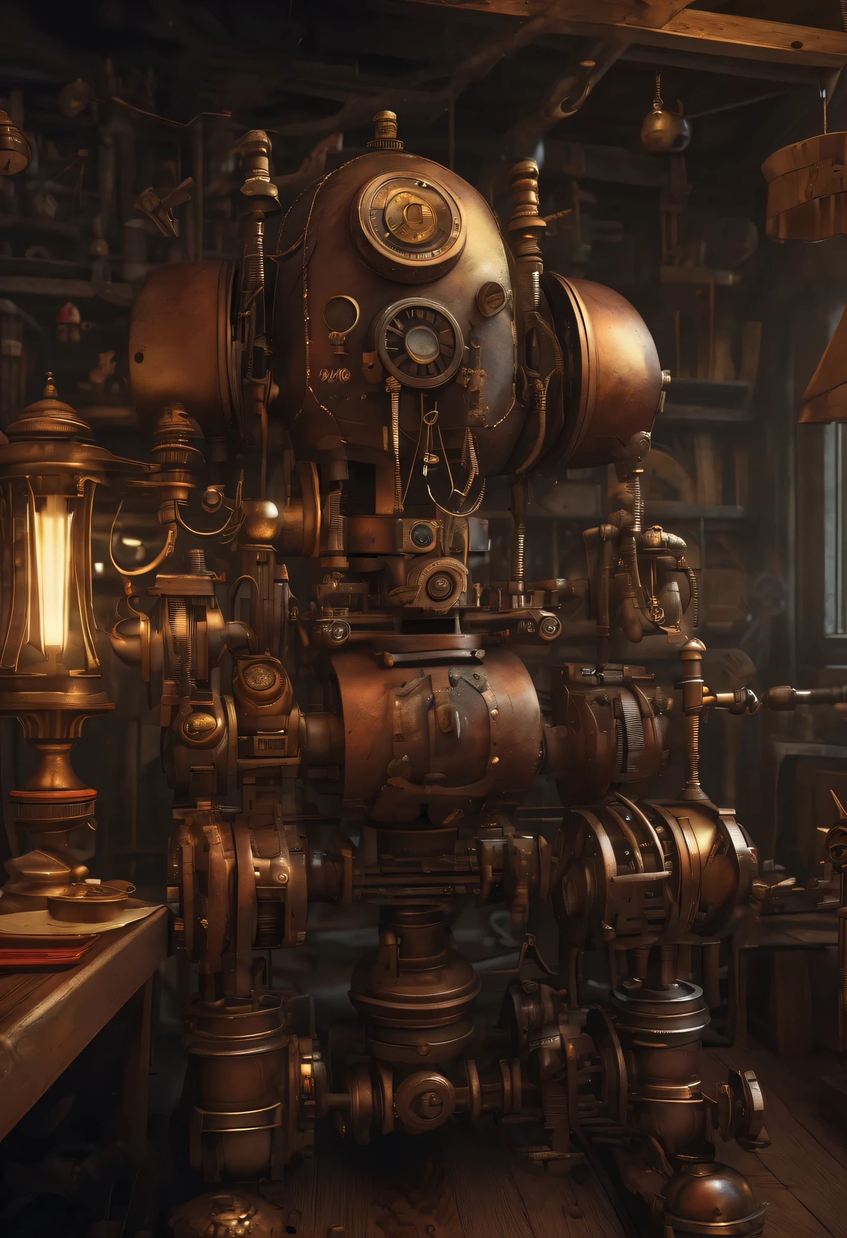 (best quality,4k,8k,highres,masterpiece:1.2),ultra-detailed,(realistic,photorealistic,photo-realistic:1.37),steampunk,1800s England,large scary household servant robot,big head,multiple arms with tools built in,metallic body,brittle,aged,steam-powered,machinery,complex clockwork,leather straps,dark,gothic style,heavy gears,exposed pipes,gloomy atmosphere,dusty,smoky,enormous mechanical hands,ominous red eyes,precision engineering,cogwheels,massive boiler,steam whistle,engravings,ornate decorations,mournful expression,mechanical hissing sound,stern facial features,industrial background,gauges,control panels,flickering gas lamps,copper accents,detailed craftsmanship,vintage design,Victorian era aesthetics,retro-futuristic,rich color palette,antique textures,haunting presence