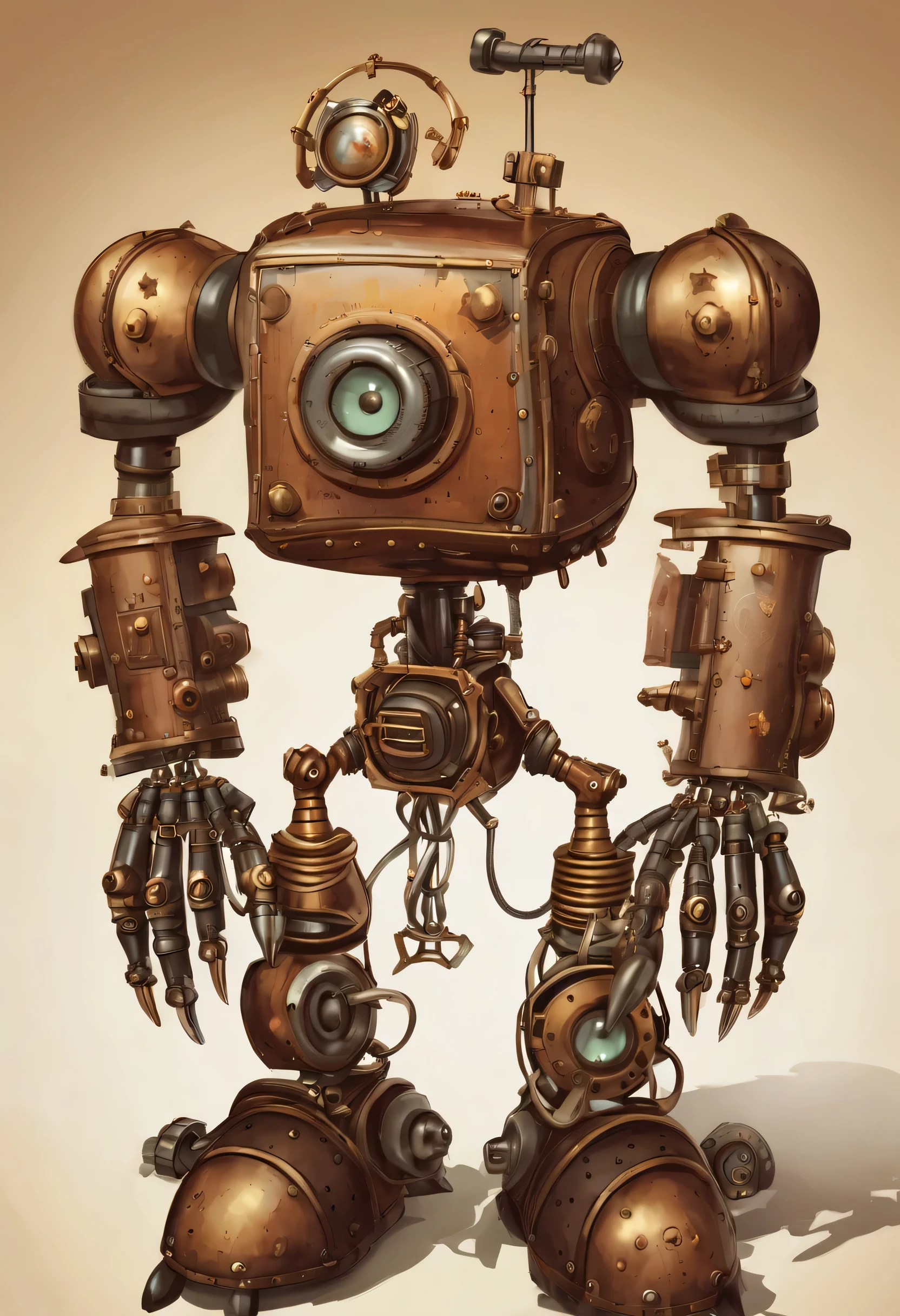 Steampunk 1800 England, a large scary household servant robot with a big head. It has many arms with tools built in.