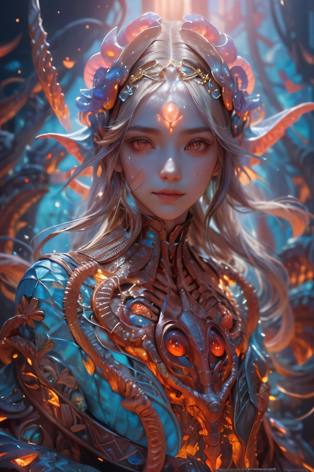 Portrait, (1 beautiful female alien:1.2), (There is a female genital-like organ in the middle of the forehead:1.8), (The most beautiful face in the history of the universe:1.2), (Scarlet eyes that shine mysteriously:1.6), (Translucent skin:1.8), an evil gaze that seduces, (red eyes:1.5), (large mouth:1.1), sharp teeth like a shark, Full body like, (bio luminescent:1.2), (Smile wickedly:1.3), (sexypose:1.5), alien, No humans, cells are fused, (Lots of translucent tentacles:1.1) (Translucent skin:1.3), extraterrestrial, cell, bio image, Best Quality, 8K,4K_quality, High Definition, Dramatic Lighting, masutepiece:1.5,cinematic quality, detail up, (Intricate details:1.2), High resolution, High Definition, drawing faithfully, (Thick eyebrows:1.2), Beautiful eyes with fine symmetry, (Ultra detailed eyes:1.2),(Highly detailed face and eyes:1.2), (High-resolution red-eye:1.4), Intimate face, (Super detailed skin quality feeling:1.4), Perfect Anatomy, (Beautiful toned body:1.5), (Moist skin:1.2), No makeup, (dark circles:1.1), long canines, cinematic drawing of characters, ultra high quality model, cinematic quality, detail up, (Intricate details:1.2), High resolution, High Definition, drawing faithfully, Official art, Unity 8K wall , 8K Portrait, Best Quality, Very High resolution, ultra detailed artistic photography, midnight aura, unreal enginee 5, Ultra Sharp Focus, art by alberto seveso, ArtGerm, Roisch, intricate artwork, best quality, masutepiece, ultra High resolution, (photos realistic:1.4), Ultra-realistic realism, dream-like, nautilus, Creation of fantasy, Snail, Dream Snail, (biopunk nautilus:1.3), Thrilling color schemes, Ultra-realistic realism, seductively smiling, Blue tentacles