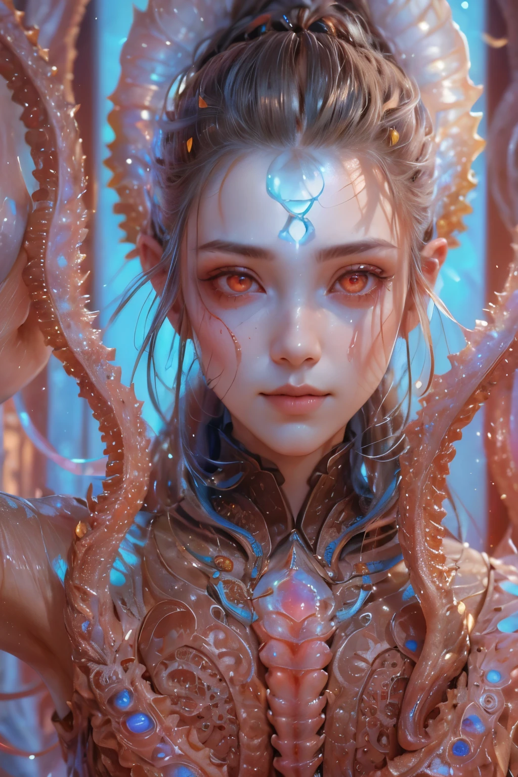 Portrait, (1 beautiful female alien:1.2), (There is a female genital-like organ in the middle of the forehead:1.8), (The most beautiful face in the history of the universe:1.2), (Scarlet eyes that shine mysteriously:1.6), (Translucent skin:1.8), an evil gaze that seduces, (red eyes:1.5), (large mouth:1.1), sharp teeth like a shark, Full body like, (bio luminescent:1.2), (Smile wickedly:1.3), (sexypose:1.5), alien, No humans, cells are fused, (Lots of translucent tentacles:1.1) (Translucent skin:1.3), extraterrestrial, cell, bio image, Best Quality, 8K,4K_quality, High Definition, Dramatic Lighting, masutepiece:1.5,cinematic quality, detail up, (Intricate details:1.2), High resolution, High Definition, drawing faithfully, (Thick eyebrows:1.2), Beautiful eyes with fine symmetry, (Ultra detailed eyes:1.2),(Highly detailed face and eyes:1.2), (High-resolution red-eye:1.4), Intimate face, (Super detailed skin quality feeling:1.4), Perfect Anatomy, (Beautiful toned body:1.5), (Moist skin:1.2), No makeup, (dark circles:1.1), long canines, cinematic drawing of characters, ultra high quality model, cinematic quality, detail up, (Intricate details:1.2), High resolution, High Definition, drawing faithfully, Official art, Unity 8K wall , 8K Portrait, Best Quality, Very High resolution, ultra detailed artistic photography, midnight aura, unreal enginee 5, Ultra Sharp Focus, art by alberto seveso, ArtGerm, Roisch, intricate artwork, best quality, masutepiece, ultra High resolution, (photos realistic:1.4), Ultra-realistic realism, dream-like, nautilus, Creation of fantasy, Snail, Dream Snail, (biopunk nautilus:1.3), Thrilling color schemes, Ultra-realistic realism, seductively smiling, Blue tentacles