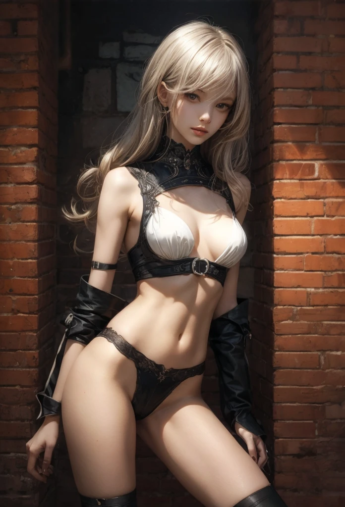 (Detailed illustrations,Very detailed and detailed drawing,Delicate lines with slow and rapid,Realistic texture expression),[Color tressed main line],dim room[prison[Walls and ceilings with exposed bricks that have deteriorated over time]],(japanes(Very Beautiful )[14years])silber hair (bony and thin body[morbid]SKINNY),[leather [Bondage Fashion],Vampire,(Fine and beautiful skin expression [Transparency]),[完璧な目のdetaileds (Iris beautifully drawn in every detail)[Jewel-like eyes]],[long and beautiful eyelashes],[Meticulously drawn hair],(完璧な手のdetaileds [Beautiful fingers without breakdowns [Beautiful nails]]),(Perfect Anatomy(Perfectly proportioned))[[Full body like]],[Ideal color coordination(Accurate simulation of light-material interactions)],([Precision Detail](detaileds,high-detail)),[[Pale and gentle colors]][Visual art that conveys a sense of narrative] [[Eros in the Natural Body]].