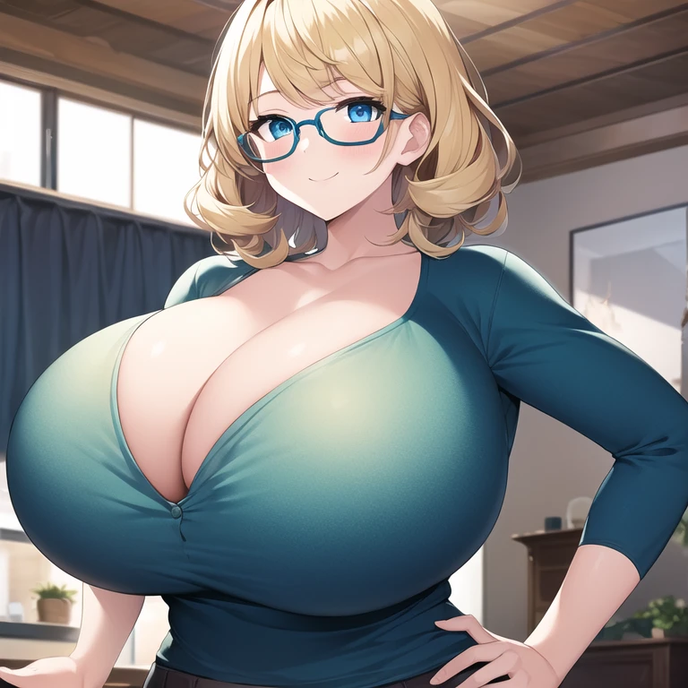 masterpiece, best quality, 1girl, solo, mature female, milf, motherly, gigantic breasts, curly hair, very short hair, blonde hair, swept bangs, blue eyes, glasses, green shirt, cleavage, denim, upper body, living room, hands on hips, looking at viewer, smile