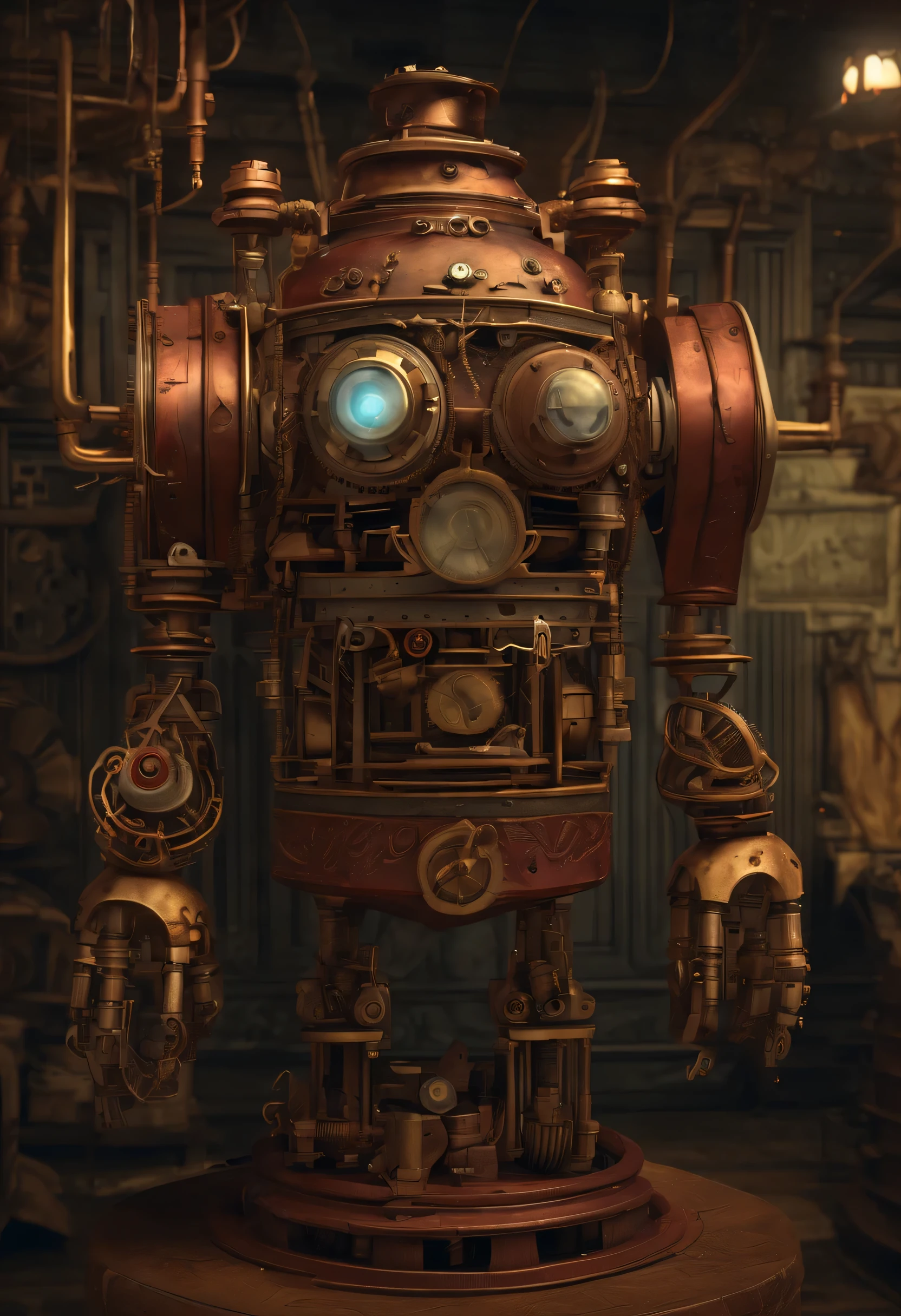 (best quality,4k,8k,highres,masterpiece:1.2),ultra-detailed,(realistic,photorealistic,photo-realistic:1.37),steampunk,1800s England,large scary household servant robot,big head,multiple arms with tools built in,metallic body,brittle,aged,steam-powered,machinery,complex clockwork,leather straps,dark,gothic style,heavy gears,exposed pipes,gloomy atmosphere,dusty,smoky,enormous mechanical hands,ominous red eyes,precision engineering,cogwheels,massive boiler,steam whistle,engravings,ornate decorations,mournful expression,mechanical hissing sound,stern facial features,industrial background,gauges,control panels,flickering gas lamps,copper accents,detailed craftsmanship,vintage design,Victorian era aesthetics,retro-futuristic,rich color palette,antique textures,haunting presence