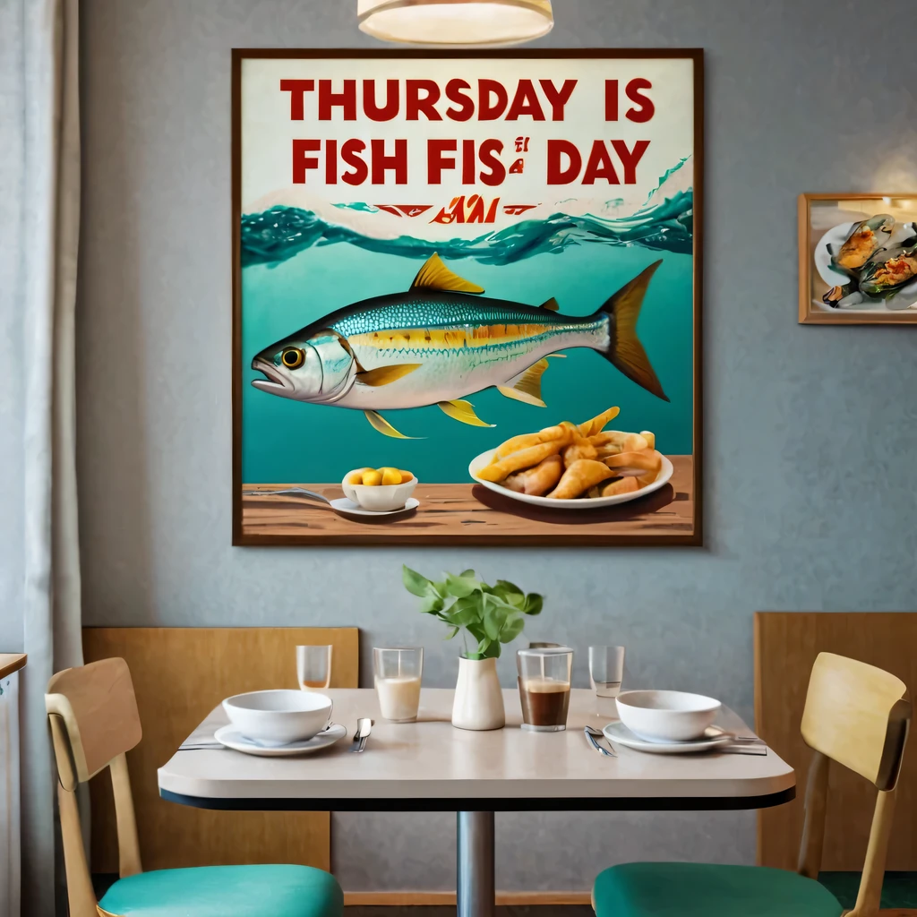 Artistic photograph of a restaurant dining room from the 1980s.., style of the USSR, On the wall in the dining room hangs a poster with the inscription.: "THURSDAY – FISH DAY", There is a cup of coffee and a plate of fish on the dining table., Maximum realism, high detail, Ultra-detailed, Realistic, photoRealistic:1.37, studio lightning