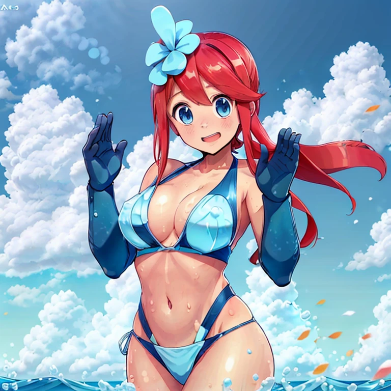 Fuuro,woman with red hair,Wear a swimsuit,Light blue competitive swimsuit（Blue Line）,Futomo,Mare,sand beach,raise your hand and invite,white birds around,Mare水浴場,a smile、夏天、white clouds、horizon、