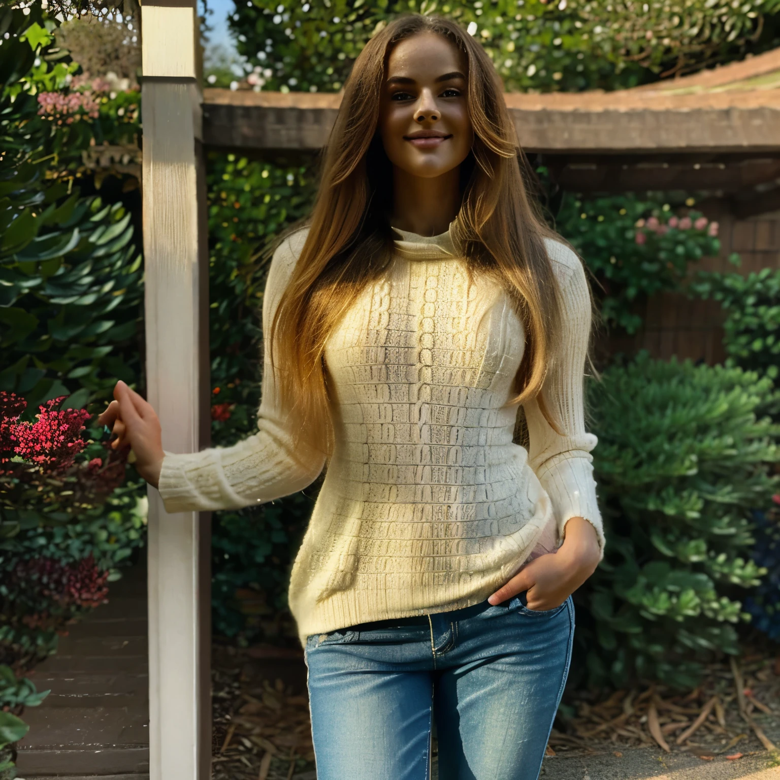 At 25, she captivates with a stunning hourglass figure. Silken waves of blonde hair cascade around her striking features, complemented by eyes that reflect both wisdom and a playful allure. Her confident stride exudes grace, and a radiant smile speaks volumes, inviting the gaze to linger on the enchanting details of her captivating appearance. Make her wearing jeans and a sweater hands in pockets