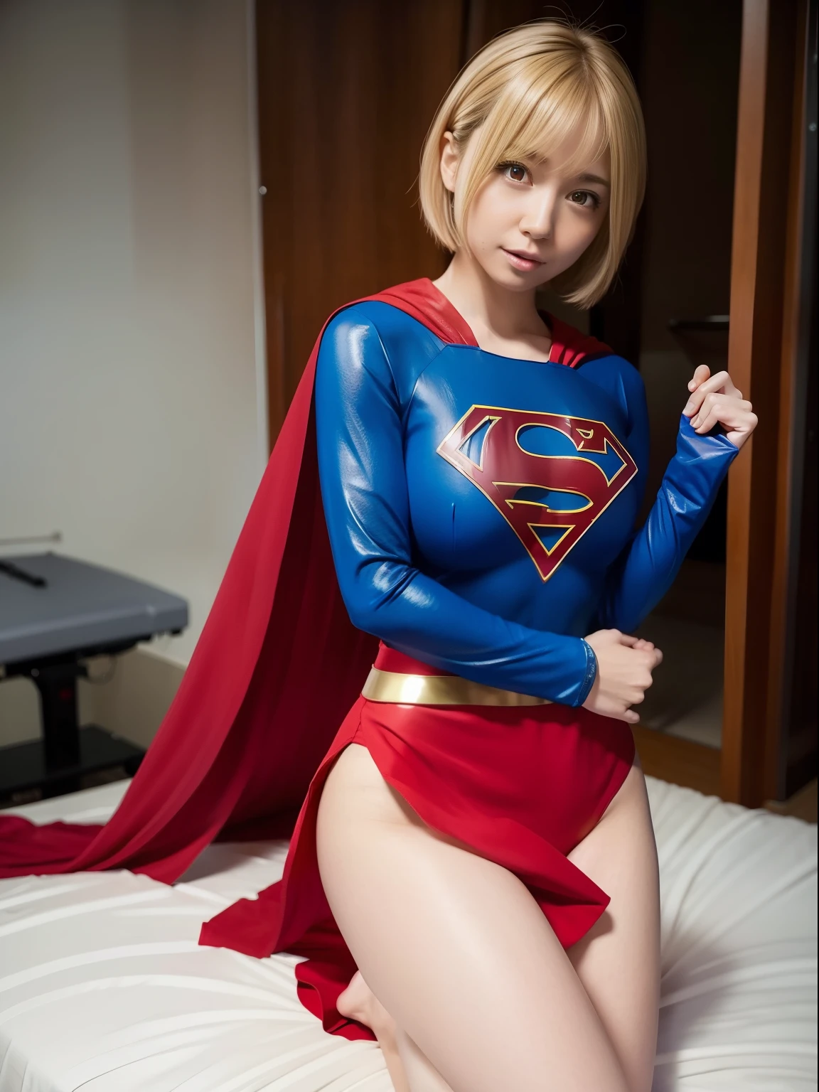 masterpiece,Supergirl Costume, short-hair, bare-legged, large full breasts,surgery room、Operating table、straddle、depraved、shiny、Looking at the camera、seduces、short red miniskirt、Show a glimpse