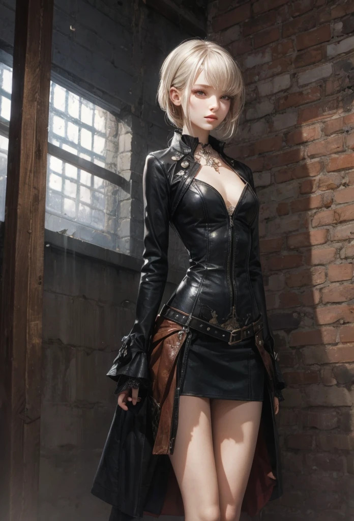 (Detailed illustrations,Very detailed and detailed drawing,Delicate lines with slow and rapid,Realistic texture expression),[Color tressed main line],dim room[prison[Walls and ceilings with exposed bricks that have deteriorated over time]],(japanes(Very Beautiful )[14years])silber hair (bony and thin body[morbid]SKINNY),[leather [Bondage Fashion],Vampire,(Fine and beautiful skin expression [Transparency]),[完璧な目のdetaileds (Iris beautifully drawn in every detail)[Jewel-like eyes]],[long and beautiful eyelashes],[Meticulously drawn hair],(完璧な手のdetaileds [Beautiful fingers without breakdowns [Beautiful nails]]),(Perfect Anatomy(Perfectly proportioned))[[Full body like]],[Ideal color coordination(Accurate simulation of light-material interactions)],([Precision Detail](detaileds,high-detail)),[[Pale and gentle colors]][Visual art that conveys a sense of narrative] [[Eros in the Natural Body]].
