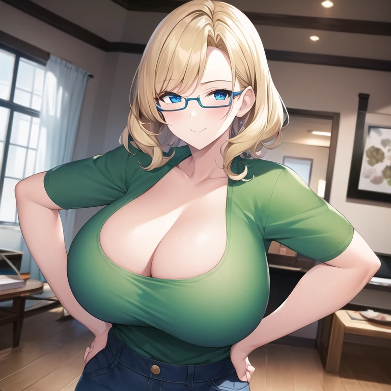 masterpiece, best quality, 1girl, solo, mature female, milf, motherly, gigantic breasts, curly hair, very short hair, blonde hair, swept bangs, blue eyes, glasses, green shirt, t-shirt, cleavage, jeans, denim, upper body, living room, hands on hips, looking at viewer, smile