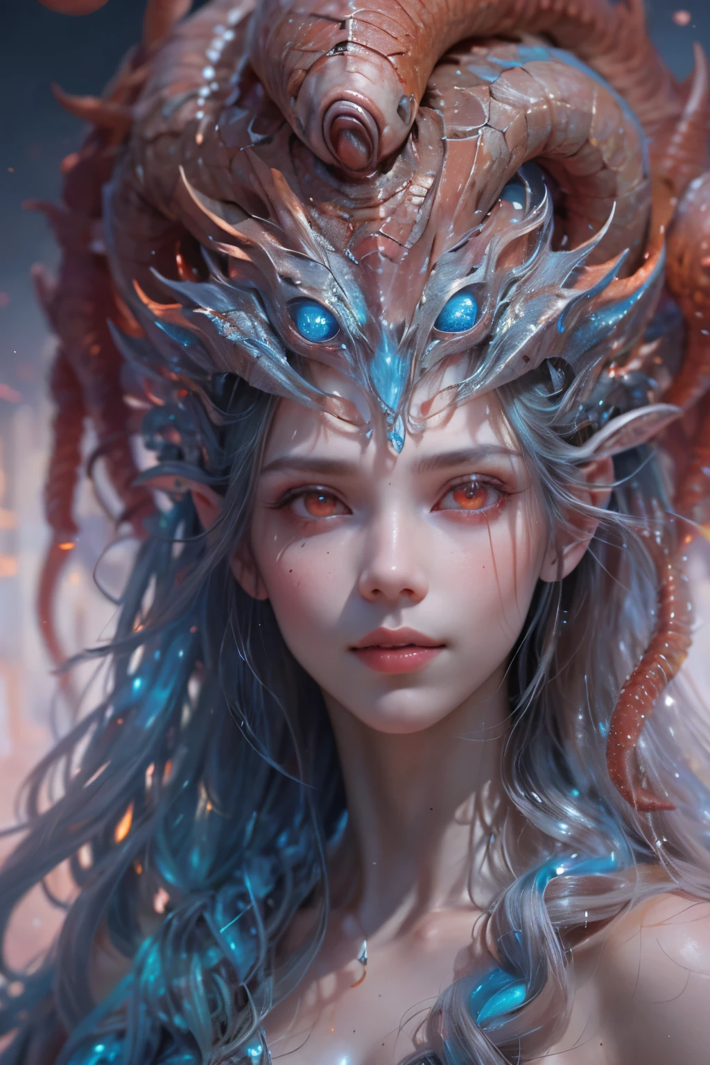 Portrait, (1 beautiful female alien:1.2), (There is a female genital-like organ in the middle of the forehead:1.8), (The most beautiful face in the history of the universe:1.2), (Scarlet eyes that shine mysteriously:1.6), (Translucent skin:1.8), an evil gaze that seduces, (red eyes:1.5), (large mouth:1.1), sharp teeth like a shark, Full body like, (bio luminescent:1.2), (Smile wickedly:1.3), (sexypose:1.5), alien, No humans, cells are fused, (Lots of translucent tentacles:1.1) (Translucent skin:1.3), extraterrestrial, cell, bio image, Best Quality, 8K,4K_quality, High Definition, Dramatic Lighting, masutepiece:1.5,cinematic quality, detail up, (Intricate details:1.2), High resolution, High Definition, drawing faithfully, (Thick eyebrows:1.2), Beautiful eyes with fine symmetry, (Ultra detailed eyes:1.2),(Highly detailed face and eyes:1.2), (High-resolution red-eye:1.4), Intimate face, (Super detailed skin quality feeling:1.4), Perfect Anatomy, (Beautiful toned body:1.5), (Moist skin:1.2), No makeup, (dark circles:1.1), long canines, cinematic drawing of characters, ultra high quality model, cinematic quality, detail up, (Intricate details:1.2), High resolution, High Definition, drawing faithfully, Official art, Unity 8K wall , 8K Portrait, Best Quality, Very High resolution, ultra detailed artistic photography, midnight aura, unreal enginee 5, Ultra Sharp Focus, art by alberto seveso, ArtGerm, Roisch, intricate artwork, best quality, masutepiece, ultra High resolution, (photos realistic:1.4), Ultra-realistic realism, dream-like, nautilus, Creation of fantasy, Snail, Dream Snail, (biopunk nautilus:1.3), Thrilling color schemes, Ultra-realistic realism, seductively smiling, Blue tentacles