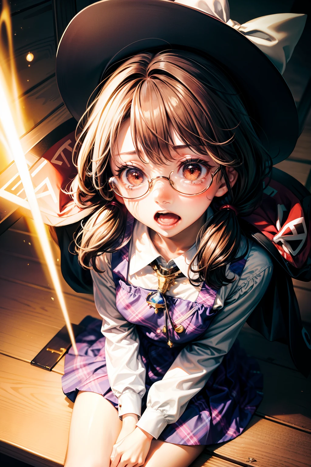 (masterpiece, top quality, best quality, beautiful and aesthetic:1.2), usami sumireko, 1girl,hat,hat bow, brown hair,low twintails,glasses,brown eyes,cape,boo tie,plaid vest,shirt,plaid skirt,long sleeves, clothes writing,bolo tie, japanese architecture, surprised, :o, beam, laser, glaring body, open box, box, open mouth, jaw drop, wide-eyed, panicking, horrified, screaming, sobbing, traumatized, turn pale, wavy mouth, glowing, glow, outer glow,