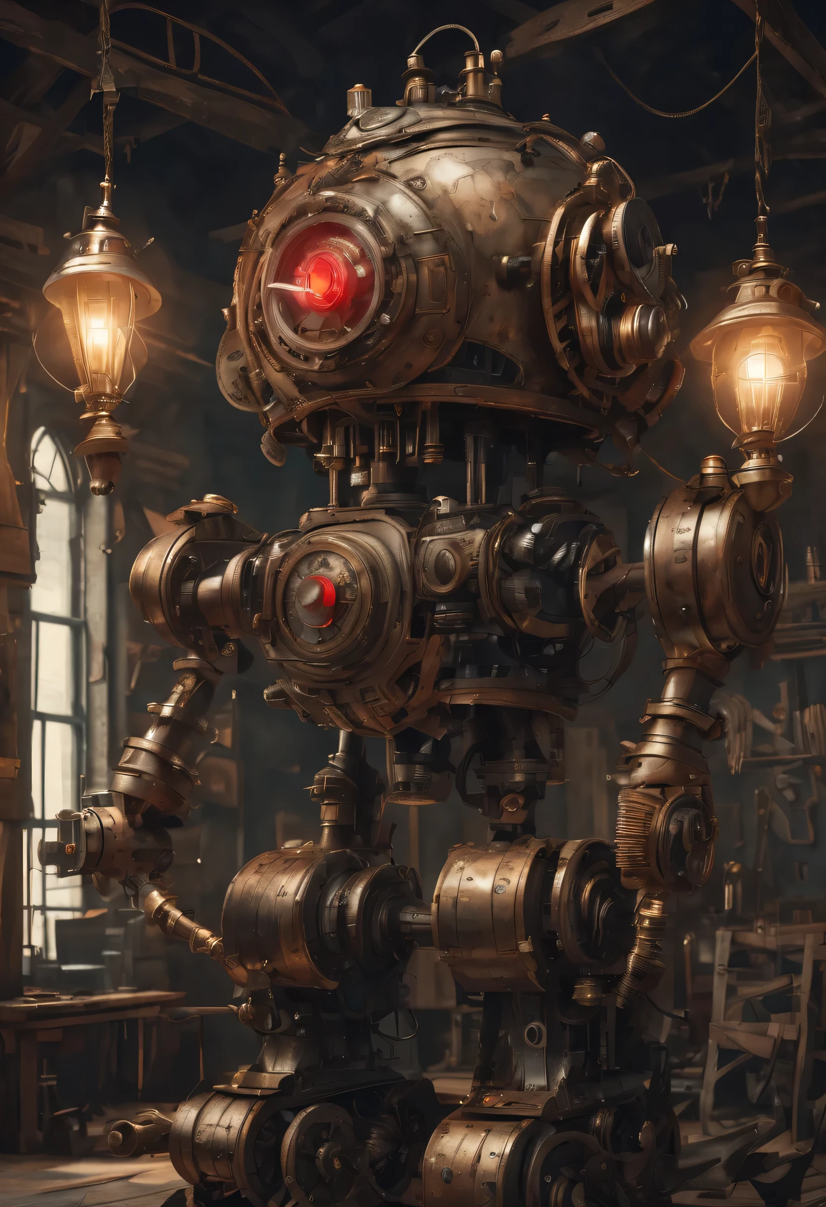 (best quality,4k,8k,highres,masterpiece:1.2),ultra-detailed,(realistic,photorealistic,photo-realistic:1.37),steampunk,1800s England,large scary household servant robot,big head,multiple arms with tools built in,metallic body,brittle,aged,steam-powered,machinery,complex clockwork,leather straps,dark,gothic style,heavy gears,exposed pipes,gloomy atmosphere,dusty,smoky,enormous mechanical hands,ominous red eyes,precision engineering,cogwheels,massive boiler,steam whistle,engravings,ornate decorations,mournful expression,mechanical hissing sound,stern facial features,industrial background,gauges,control panels,flickering gas lamps,copper accents,detailed craftsmanship,vintage design,Victorian era aesthetics,retro-futuristic,rich color palette,antique textures,haunting presence
