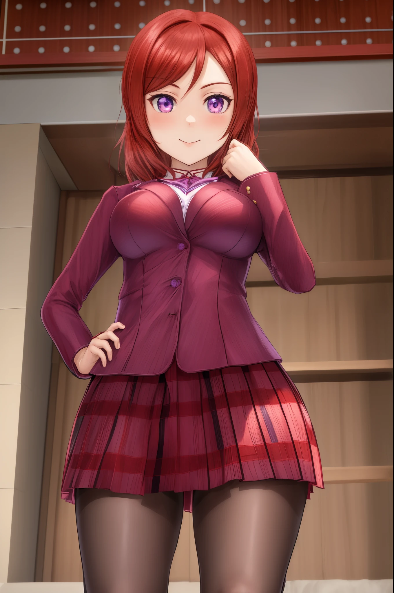 Masterpiece, best quality, nishikino maki, purple eyes,red hair,Otonokizaka school uniform, sexy body,big breasts, from below,hand on hip, detailed fingers.