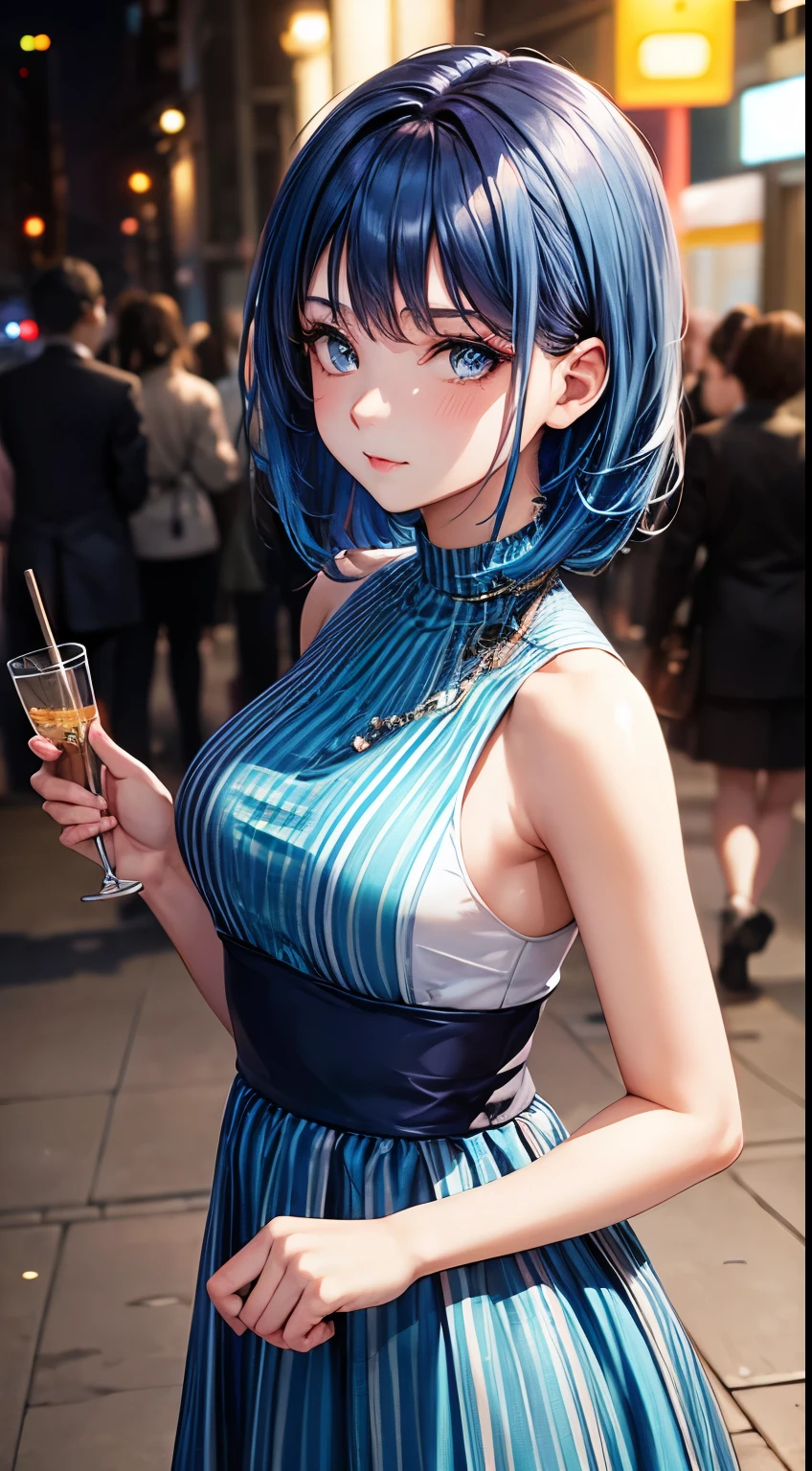 blue hair girl in blue dress at night party