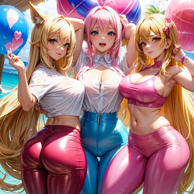 Chica, camarera, pink latex pants (apretado), parada de espalda, mostrando la cola, camisa blanca (mojada) blanco, senos de globos, trasero muy grande, ball glutes, rubia, labios rojos carnosos