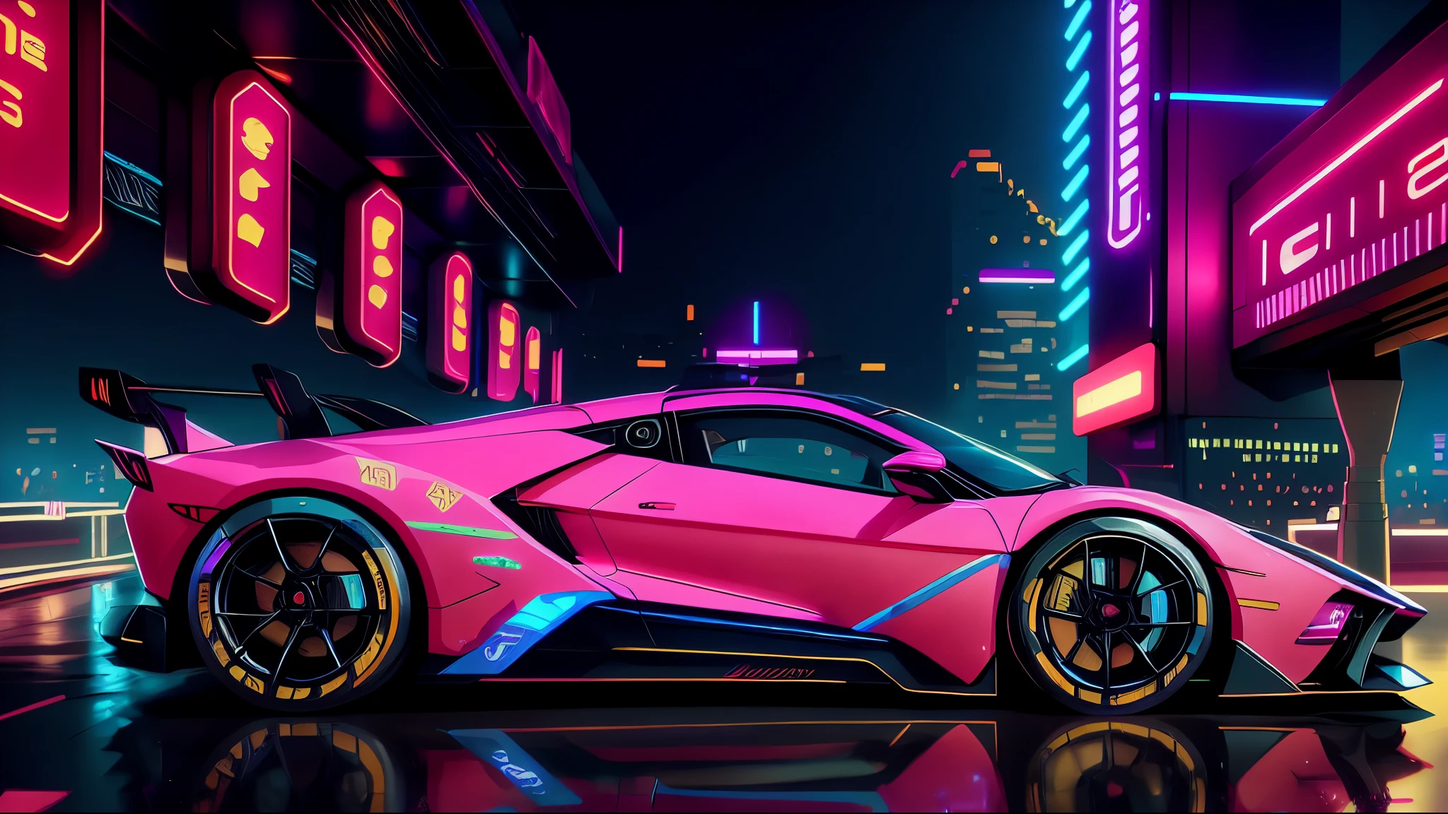 a close up of a pink sports car on a city street, art deco outrun anime aesthestic, neon cyberpunk vibrant colors, cyberpunk vibrant colors, wallpaper 4k, wallpaper 4 k, neon cyberpunk colors, cyberpunk art style, neon cyberpunk, cyberpunk neon, retrowave colour scheme, stylized neon, cyberpunk vibe, retrowave vibes