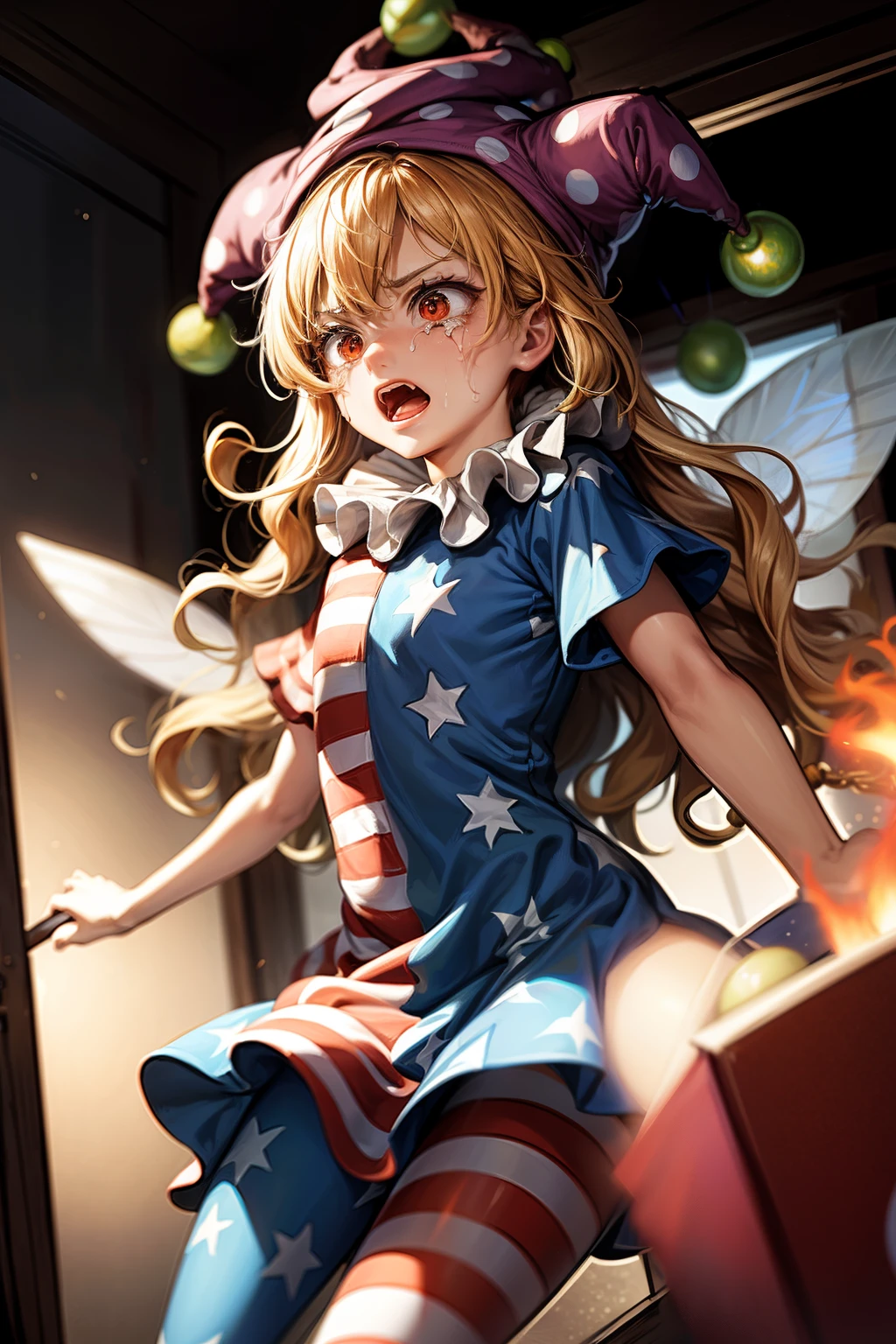 (masterpiece, top quality, best quality, beautiful and aesthetic:1.2),clownpiece, 1girl,jester cap,long hair,blonde hair, red eyes,neck ruff, striped dress,star (symbol),star print, polka dot,short sleeves, pantyhose, american flag dress,short dress, fairy wings, japanese architecture, surprised, :o, beam, laser, glaring body, open box, box, open mouth, jaw drop, wide-eyed, panicking, horrified, screaming, sobbing, traumatized, turn pale, wavy mouth, glowing, glow, outer glow,