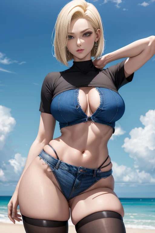 melhor qualidade, highres, and18, 1girl, android 18, solo, cabelo loiro, olhos azuis, cabelo curto, brincos, joias, colete jeans, colete aberto, Black pantyhosebloom, camisa preta, saia jeans, mangas longas listradas, saia azul, middlebreasts, tiro de cowboy, rua, (seios grandes: 1.2), fora do ombro,