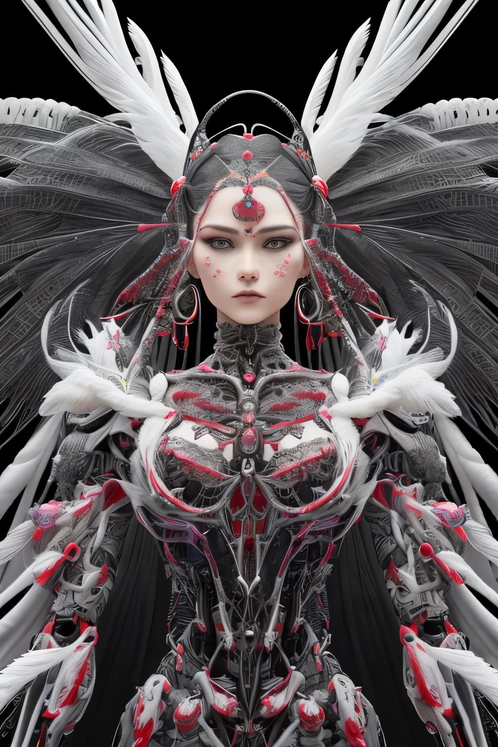 complex 3d render ultra - detailed beautiful death angel, Biomechanical robots, Analog 150mm lens, Beautiful natural soft edge light, Crystal feathers, roots, Fine-leaved lace, Colorful details, Boris Bijan Sabery (Boris Bijan Sabery) garments, Pearl earrings, Punching, Art Nouveau fashion embroidery, Complicated details, nets, mandelbrot fractal, face muscles, cable wires, micro Chip, badass, hyper realisitc, ultra - detailed, Octagonal rendering,  Volumetriclighting, 8K post-production, Red and white plus a little black, Detailed metal bones, Subhuman, Irridescent color, Glenn Brown style, futuristic room, The power of God, high-angle shot, Complex body posture