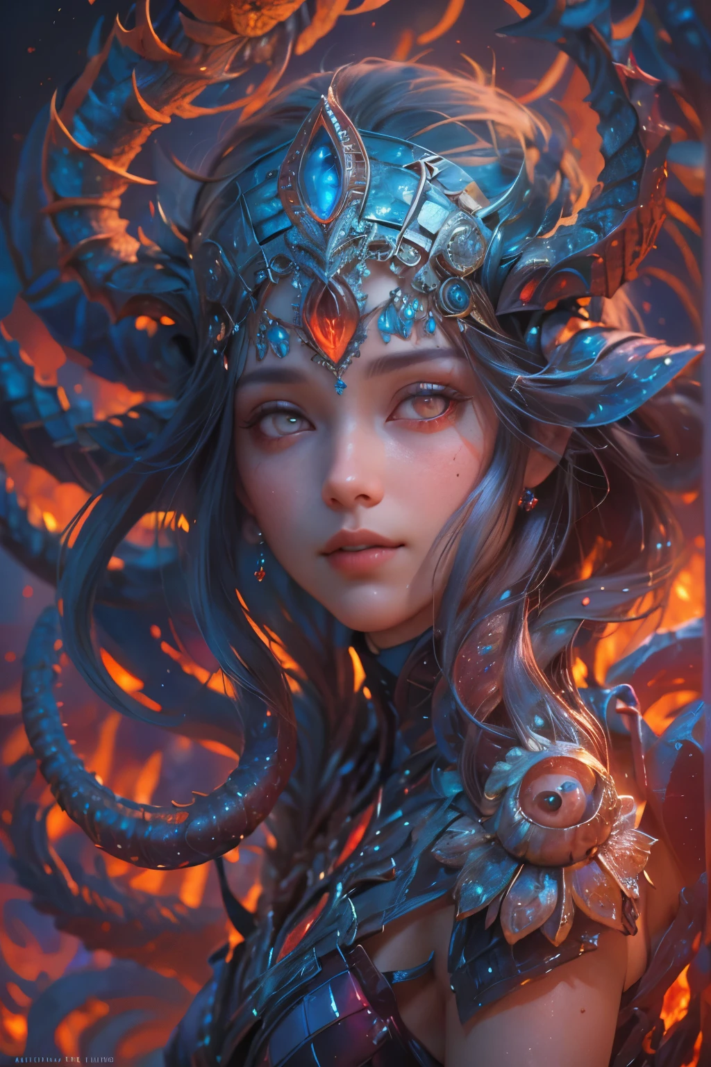 Portrait, (1 beautiful female alien:1.2), (There is a female genital-like organ in the middle of the forehead:1.8), (The most beautiful face in the history of the universe:1.2), (Scarlet eyes that shine mysteriously:1.6), (Translucent skin:1.8), an evil gaze that seduces, (red eyes:1.5), (large mouth:1.1), sharp teeth like a shark, Full body like, (bio luminescent:1.2), (Smile wickedly:1.3), (sexypose:1.5), alien, No humans, cells are fused, (Lots of translucent tentacles:1.1) (Translucent skin:1.3), extraterrestrial, cell, bio image, Best Quality, 8K,4K_quality, High Definition, Dramatic Lighting, masutepiece:1.5,cinematic quality, detail up, (Intricate details:1.2), High resolution, High Definition, drawing faithfully, (Thick eyebrows:1.2), Beautiful eyes with fine symmetry, (Ultra detailed eyes:1.2),(Highly detailed face and eyes:1.2), (High-resolution red-eye:1.4), Intimate face, (Super detailed skin quality feeling:1.4), Perfect Anatomy, (Beautiful toned body:1.5), (Moist skin:1.2), No makeup, (dark circles:1.1), long canines, cinematic drawing of characters, ultra high quality model, cinematic quality, detail up, (Intricate details:1.2), High resolution, High Definition, drawing faithfully, Official art, Unity 8K wall , 8K Portrait, Best Quality, Very High resolution, ultra detailed artistic photography, midnight aura, unreal enginee 5, Ultra Sharp Focus, art by alberto seveso, ArtGerm, Roisch, intricate artwork, best quality, masutepiece, ultra High resolution, (photos realistic:1.4), Ultra-realistic realism, dream-like, nautilus, Creation of fantasy, Snail, Dream Snail, (biopunk nautilus:1.3), Thrilling color schemes, Ultra-realistic realism, seductively smiling, Blue tentacles