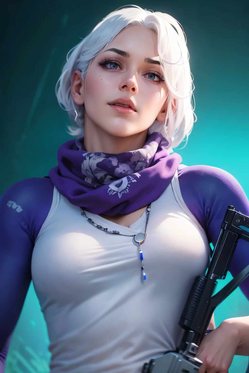 arafed woman, white hair, white tank top, with a gun, purple scarf on her neck, anime art, digital art, drawing, close up, half body shot