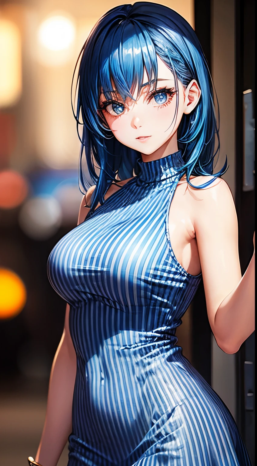 Blue hair beauty, captivating gaze, elegant pose, bokeh, stylish attire, subtle shadows, high resolution, high neck sleeveless striped dress, night