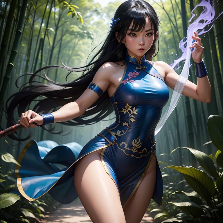 A girl wearing a blue cheongsam fights,bamboo forrest,attack with knees,slit,Futomo,Wushu stance,Ring on the thigh,bare-legged,Accentuated legs,chest black hair,Serious face,Standing on one leg,hiquality,