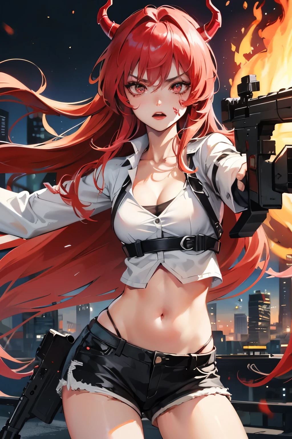 young half woman, full body image, nacked breasfect nipples, seing, perf detailes red eyes, flowing red hair, Sniper clothing, hand granade, rubble and fire in the background, 16k image, high resolution