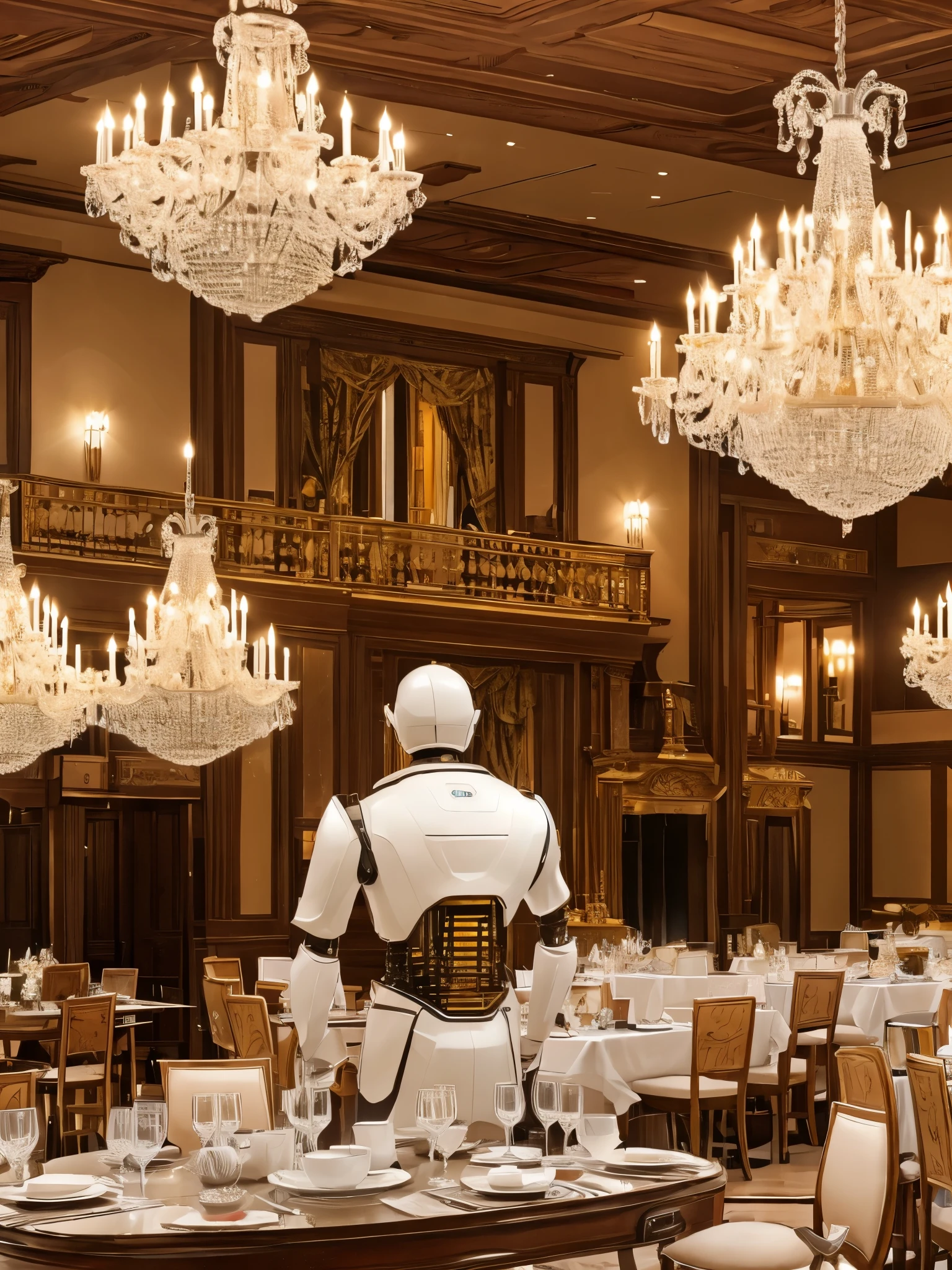 a robot butler carrying a meal,(best quality, highres, masterpiece:1.2), ultra-detailed, realistic:1.37, professional,physically-based rendering,studio lighting,vivid colors,portraits,warm color tone,soft lighting,luxury furnishing, polished silverware,exquisite china plates,crystal glassware,aromatic steaming dishes,meticulously set table,sparkling chandeliers,fine dining setting,elegant ambiance