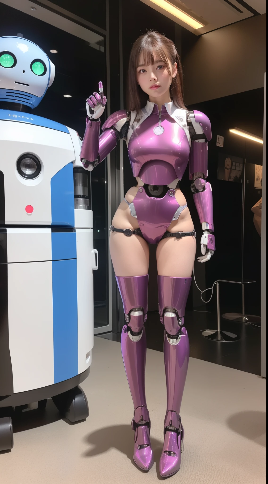 (Photorealsitic:1.4)、one cyborg woman、(top-quality)、(hyperdetailed face)、(Super well-formed face)、((Robot Parts))、(Female-Robot)、(25 years-old)、(Blue)、(pink there)、(Burgundy)、(metallic)、(full-body)、(sexy pose)、(Slender body)、(Model body type)、(full body mech)、(mechanical exposure)、(Akihabara)、(is looking at the camera)、(brown hair)、(Well-proportioned lady)、(a small face)、(a small head)、(well-groomed fingers)、(Idol)、(front facing)、(Standing with legs open)、(Photo session)、(Looks sad)、(perfect-female-robot)、(perfect-mechanical-body)