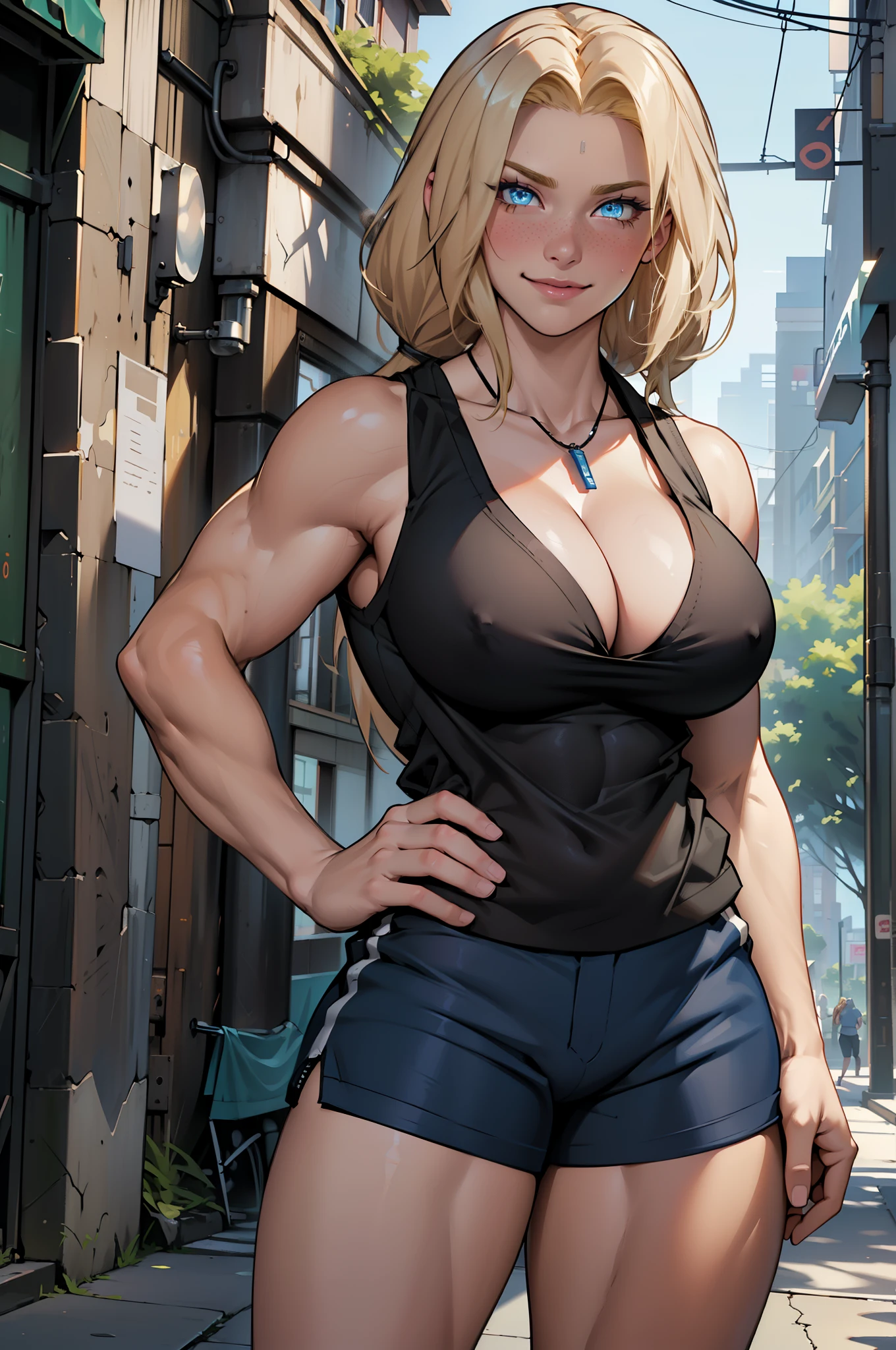 Perfect CG unity 8K UHD wallpaper(girl huge gigantic breasts cleavage showing bodybuilder very muscular toned body, pale skin, long blonde colored hair, vibrant glowing blue eyes, long detailed eyelashes) smiling sexy seductive facial expression, blushing, thick thighs, standing in a dynamic pose, wearing tank top and shorts, in a neighborhood park, perfect masterpiece, best quality, best resolution